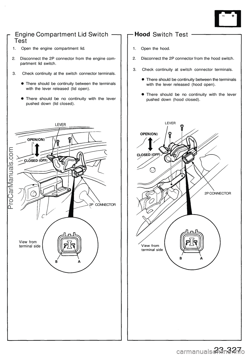 ACURA NSX 1997  Service Repair Manual   Engine Compartmen t Li d Switc h
Test
1. Ope n th e engin e compartmen t lid .
2 . Disconnec t th e 2 P connecto r fro m th e engin e com -
partmen t li d switch .
3 . Chec k continuit y a t th e sw