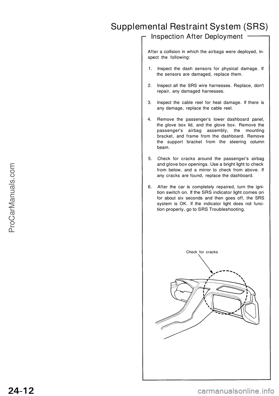 ACURA NSX 1997  Service Repair Manual Supplemental Restrain t Syste m (SRS )
After a  collisio n i n whic h th e airbag s wer e deployed , in -
spec t th e following :
1 . Inspec t th e das h sensor s fo r physica l damage . I f
th e sens
