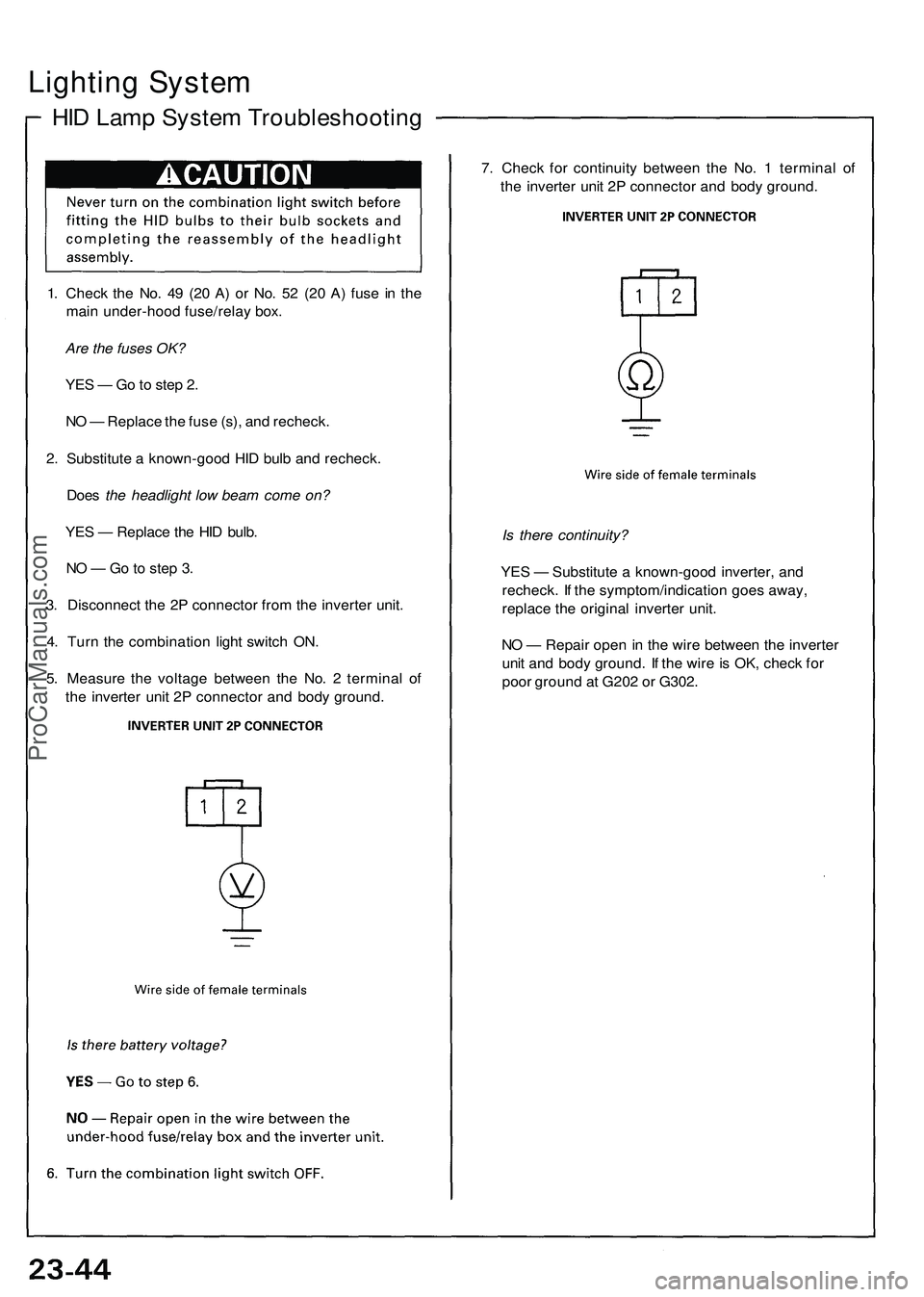 ACURA NSX 1997  Service Repair Manual 
Lighting System

HID Lamp System Troubleshooting

1. Check the No. 49 (20 A) or No. 52 (20 A) fuse in the

main under-hood fuse/relay box.

Are the fuses OK?

YES — Go to step 2.

NO — Replace th