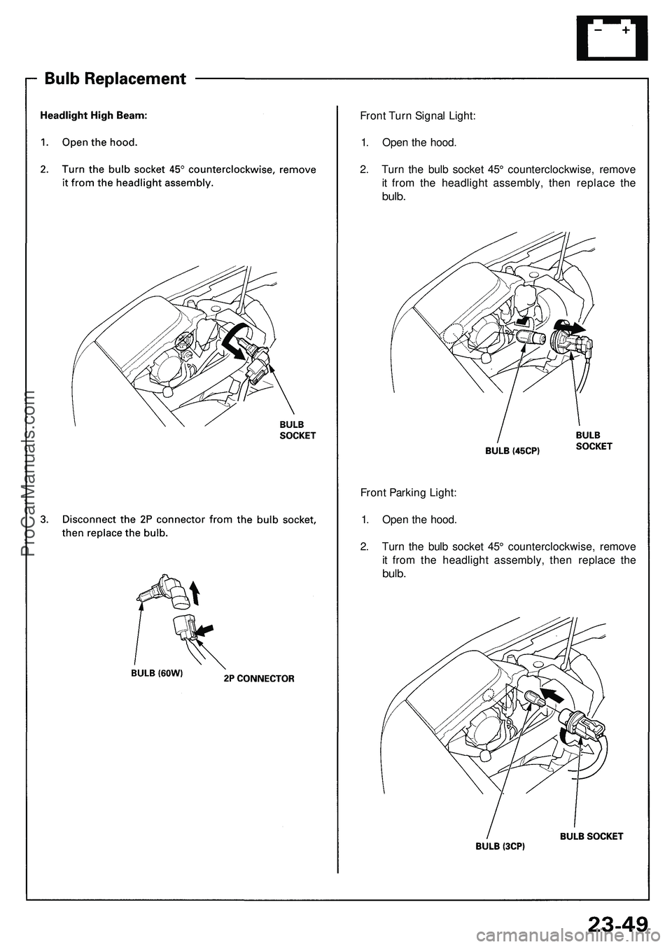 ACURA NSX 1997  Service Repair Manual 
Front Turn Signal Light:

1. Open the hood.

2. Turn the bulb socket 45° counterclockwise, remove

it from the headlight assembly, then replace the

bulb.

Front Parking Light:

1. Open the hood.

2