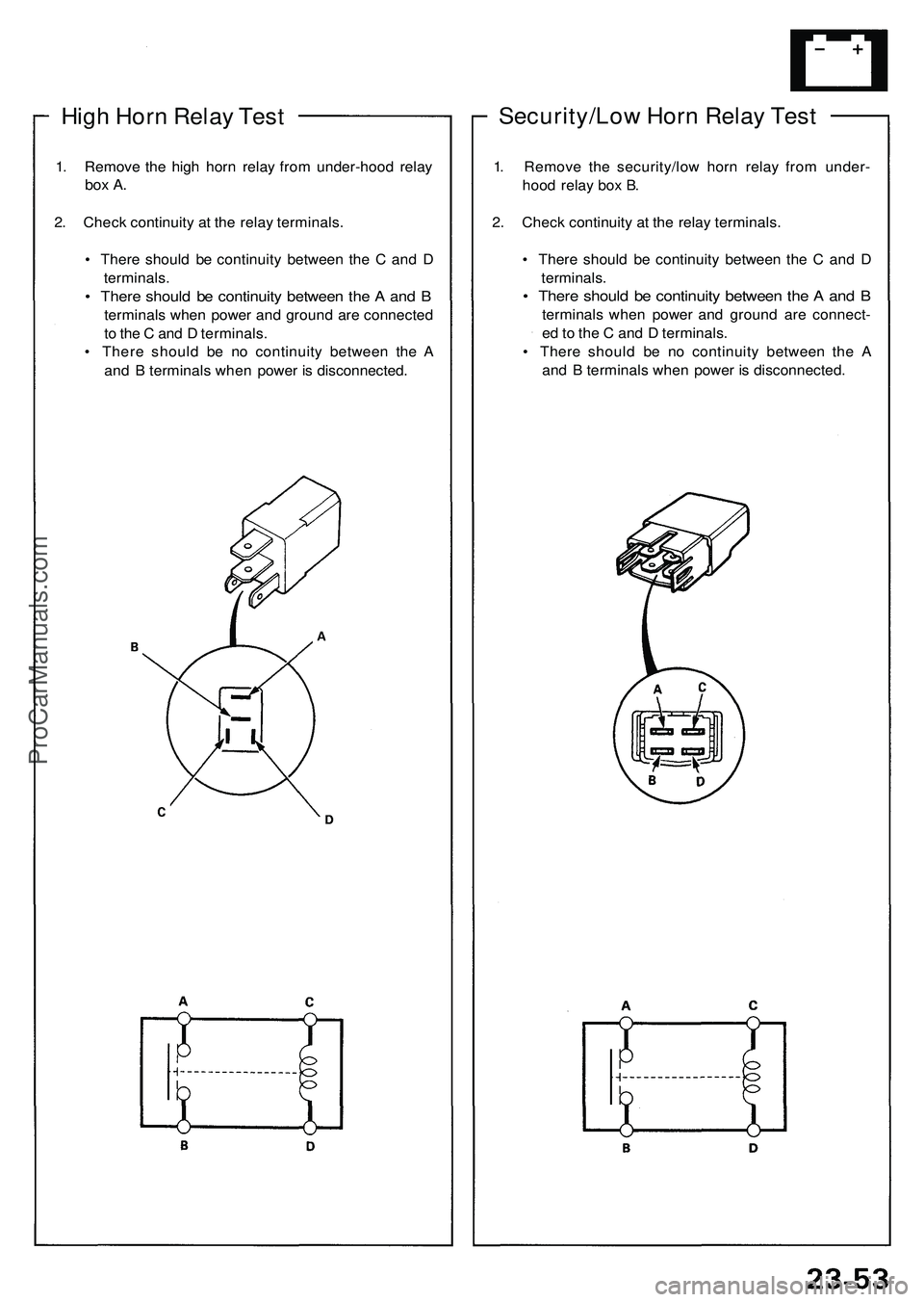 ACURA NSX 1997  Service Repair Manual High Hor n Rela y Tes t
1. Remov e th e hig h hor n rela y fro m under-hoo d rela y
box A .
2. Chec k continuit y a t th e rela y terminals .
•  Ther e shoul d b e continuit y betwee n th e C  an d 