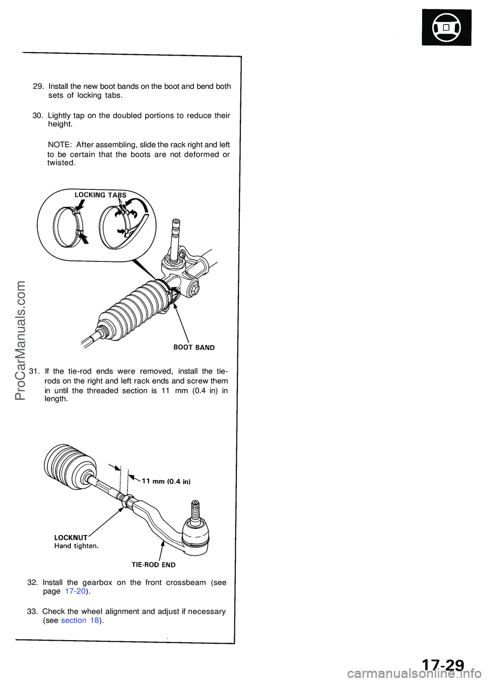 ACURA NSX 1997  Service Repair Manual 29. Instal l th e ne w boo t band s o n th e boo t an d ben d bot h
set s o f lockin g tabs .
30 . Lightl y ta p o n th e double d portion s t o reduc e thei r
height .
NOTE : Afte r assembling , slid