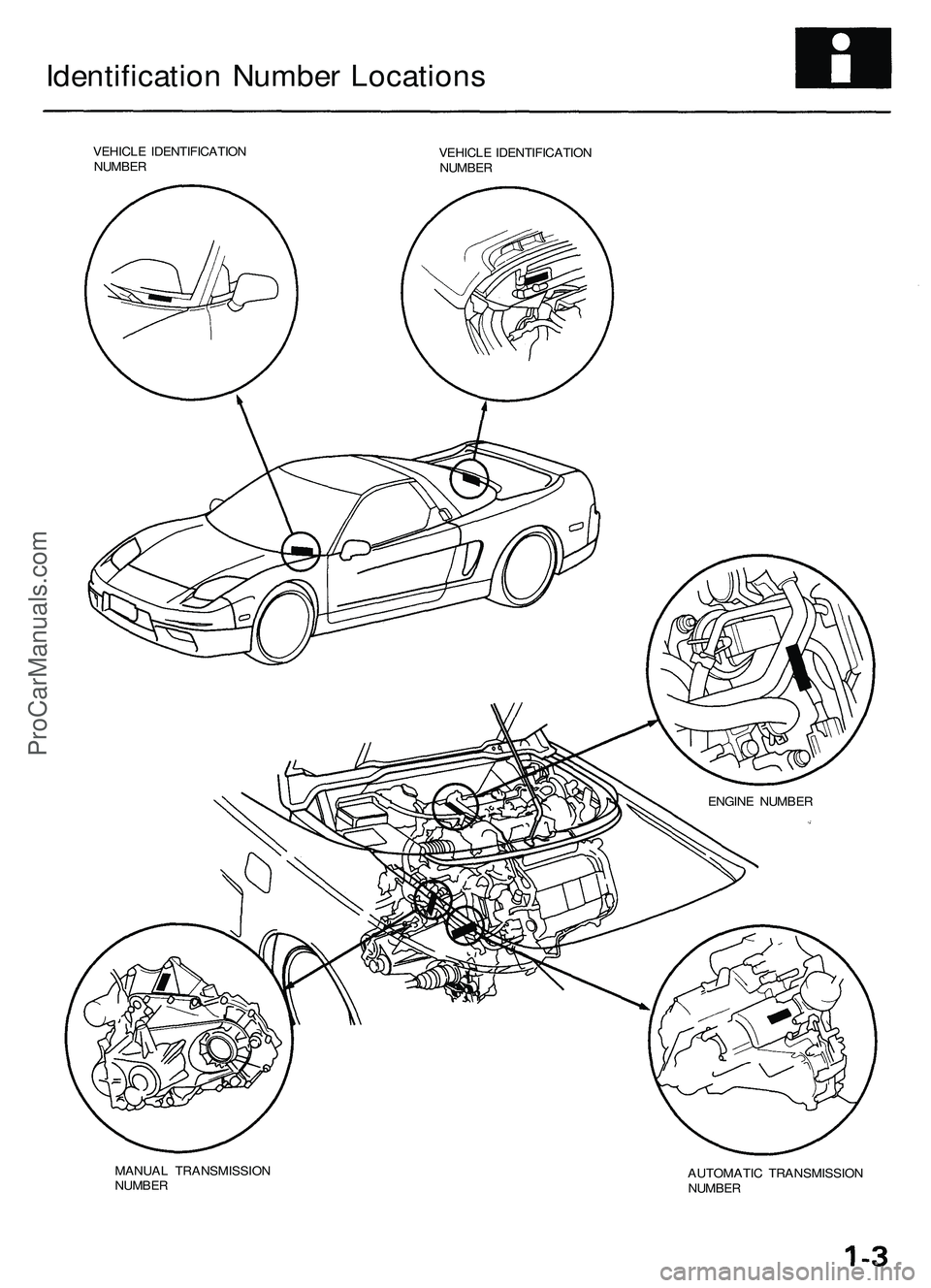 ACURA NSX 1997  Service Repair Manual 
Identification Number Locations

VEHICLE IDENTIFICATION

NUMBER 
VEHICLE IDENTIFICATION

NUMBER

ENGINE NUMBER

AUTOMATIC TRANSMISSION

NUMBER
MANUAL TRANSMISSION

NUMBERProCarManuals.com 
