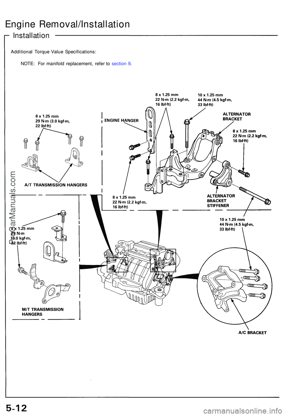 ACURA NSX 1997  Service Repair Manual Installation
Engine Removal/Installatio n
Additional Torqu e Valu e Specifications :
NOTE : Fo r manifol d replacement , refe r t o sectio n 9 .
ProCarManuals.com 