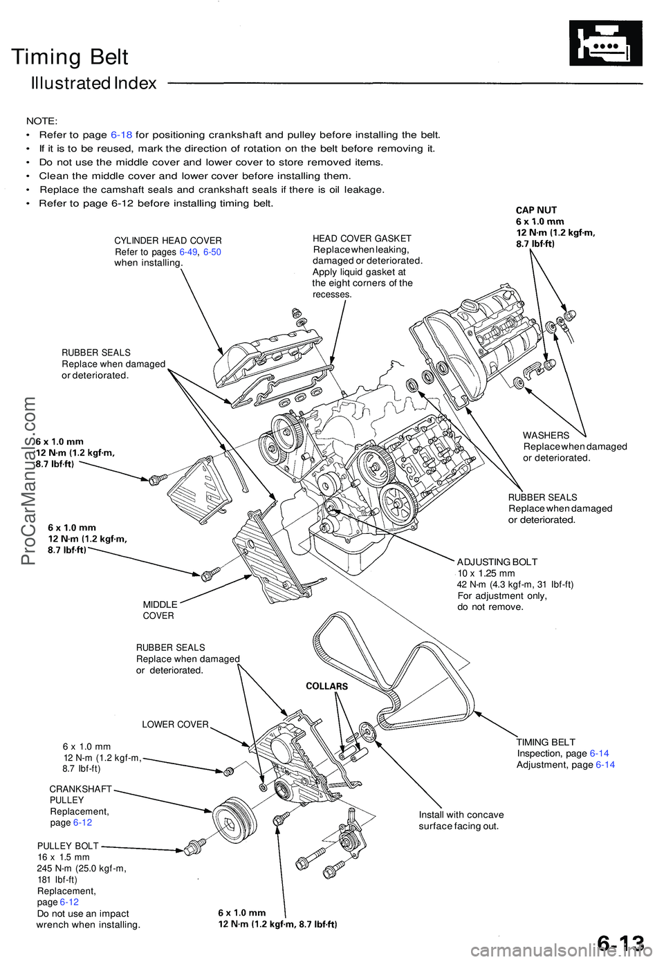 ACURA NSX 1997  Service Repair Manual Timing Bel t
Illustrate d Inde x
NOTE :
• Refe r t o  pag e 6-1 8 fo r positionin g crankshaf t an d pulle y befor e installin g th e belt .
• I f i t i s t o b e reused , mar k th e directio n o 