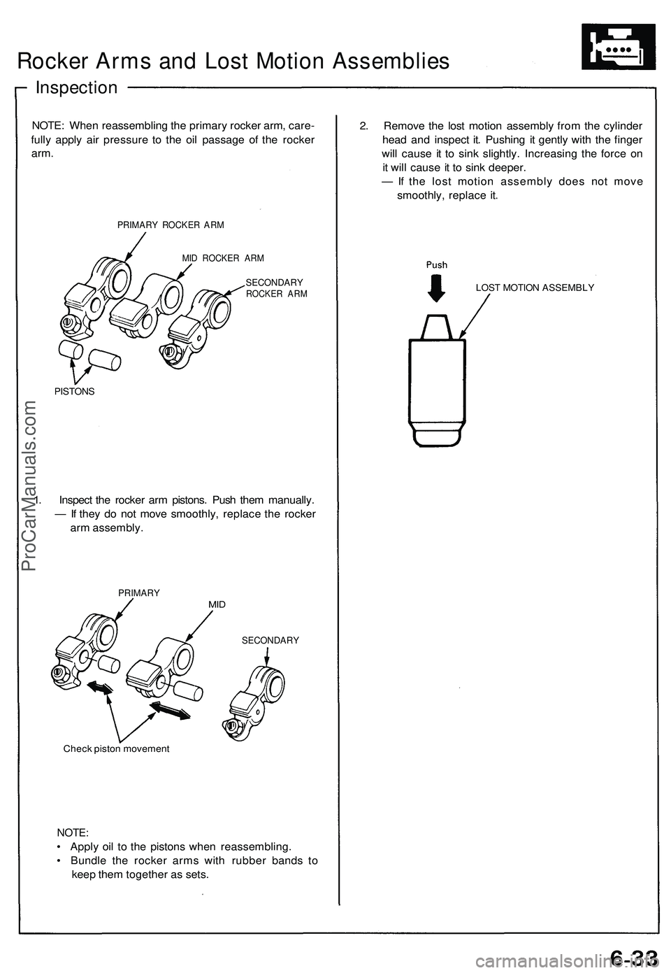 ACURA NSX 1997  Service Repair Manual 
Rocker Arms and Lost Motion Assemblies

Inspection

NOTE: When reassembling the primary rocker arm, care-

fully apply air pressure to the oil passage of the rocker

arm.

PRIMARY ROCKER ARM

MID ROC