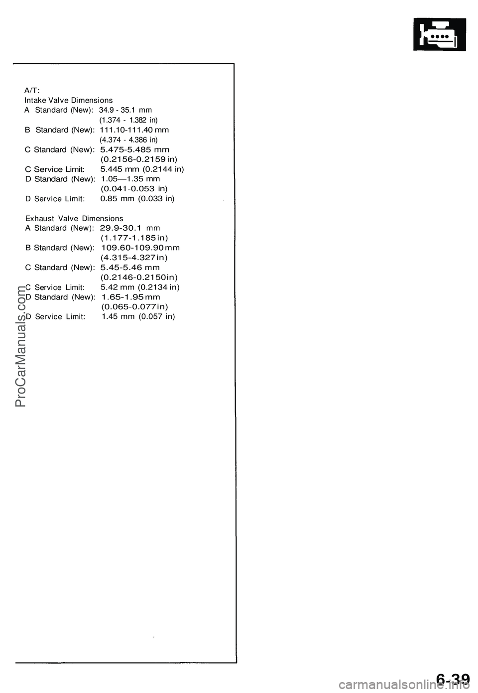 ACURA NSX 1997  Service Repair Manual 
A/T:

Intake Valve Dimensions

A Standard (New): 34.9 - 35.1 mm

(1.374 - 1.382 in)

B Standard (New):

C Standard (New):

C Service Limit:

D Standard (New):

D Service Limit: 
111.10-111.40 mm

(4.