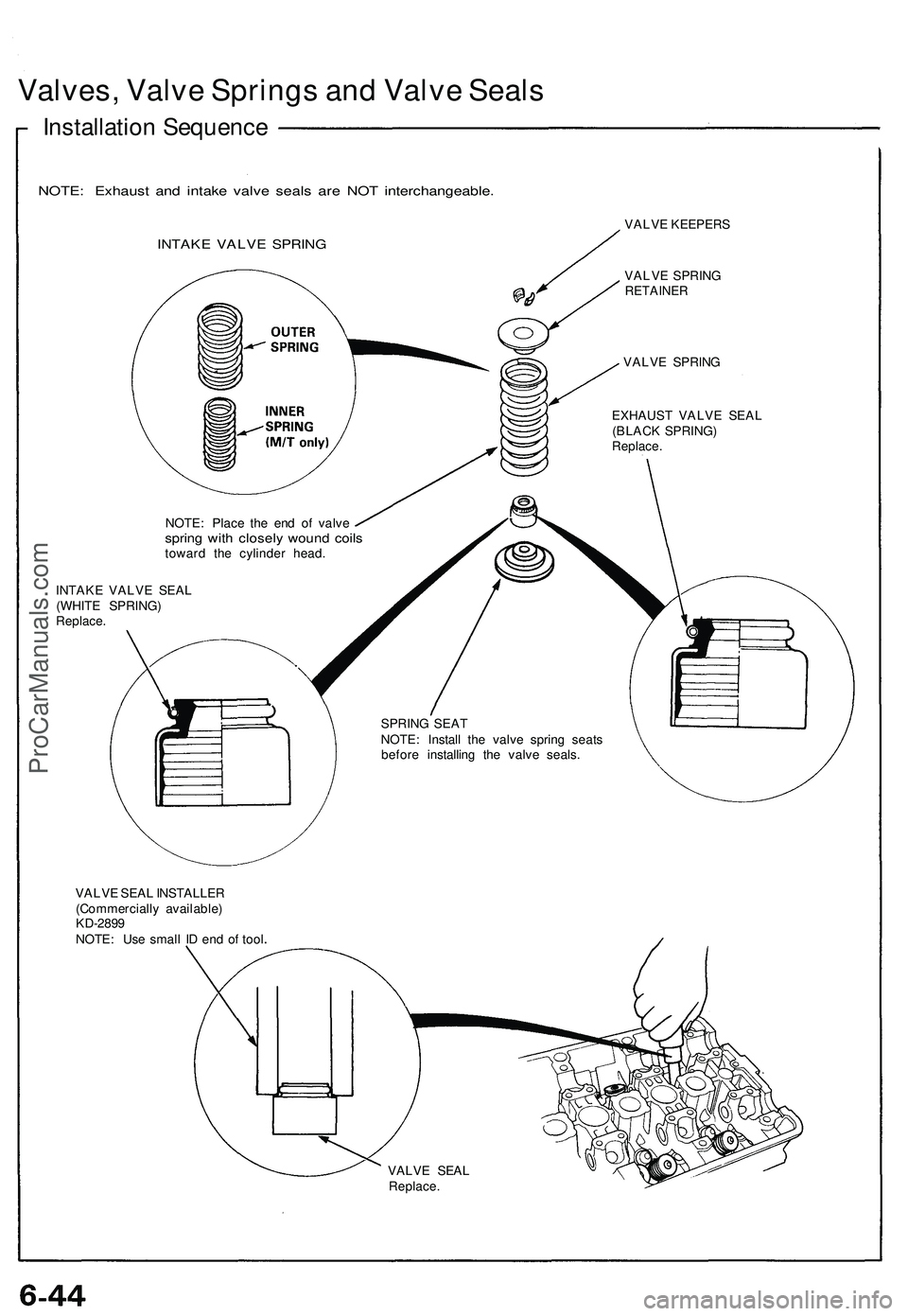 ACURA NSX 1997  Service Repair Manual 
Valves, Valve Springs and Valve Seals

Installation Sequence

NOTE: Exhaust and intake valve seals are NOT interchangeable.

INTAKE VALVE SPRING 
VALVE KEEPERS

VALVE SPRING

RETAINER

VALVE SPRING

