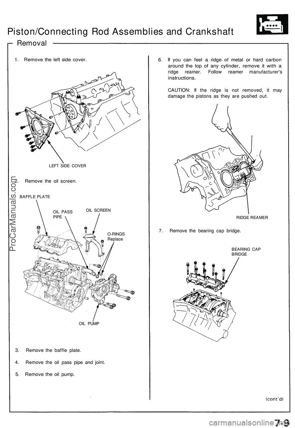 ACURA NSX 1997  Service Repair Manual Piston/Connecting Ro d Assemblie s an d Crankshaf t
Removal
1. Remov e th e lef t sid e cover .
LEFT SID E COVE R
2. Remov e th e oi l screen .
BAFFLE PLAT E
OIL SCREE N
O-RING S
Replace
OIL PUM P
3. 