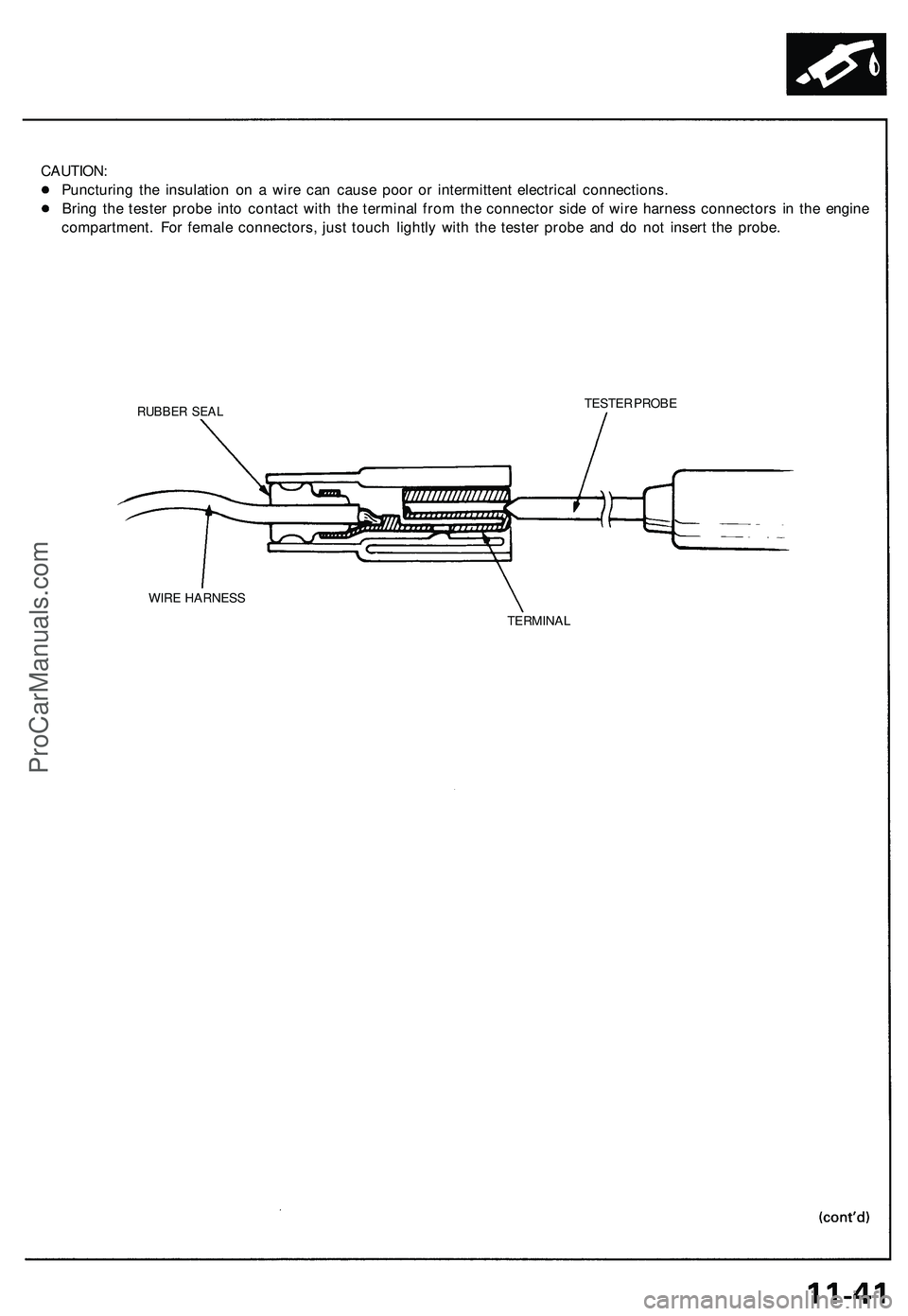 ACURA NSX 1997  Service Repair Manual 
CAUTION:

Puncturing the insulation on a wire can cause poor or intermittent electrical connections.

Bring the tester probe into contact with the terminal from the connector side of wire harness con