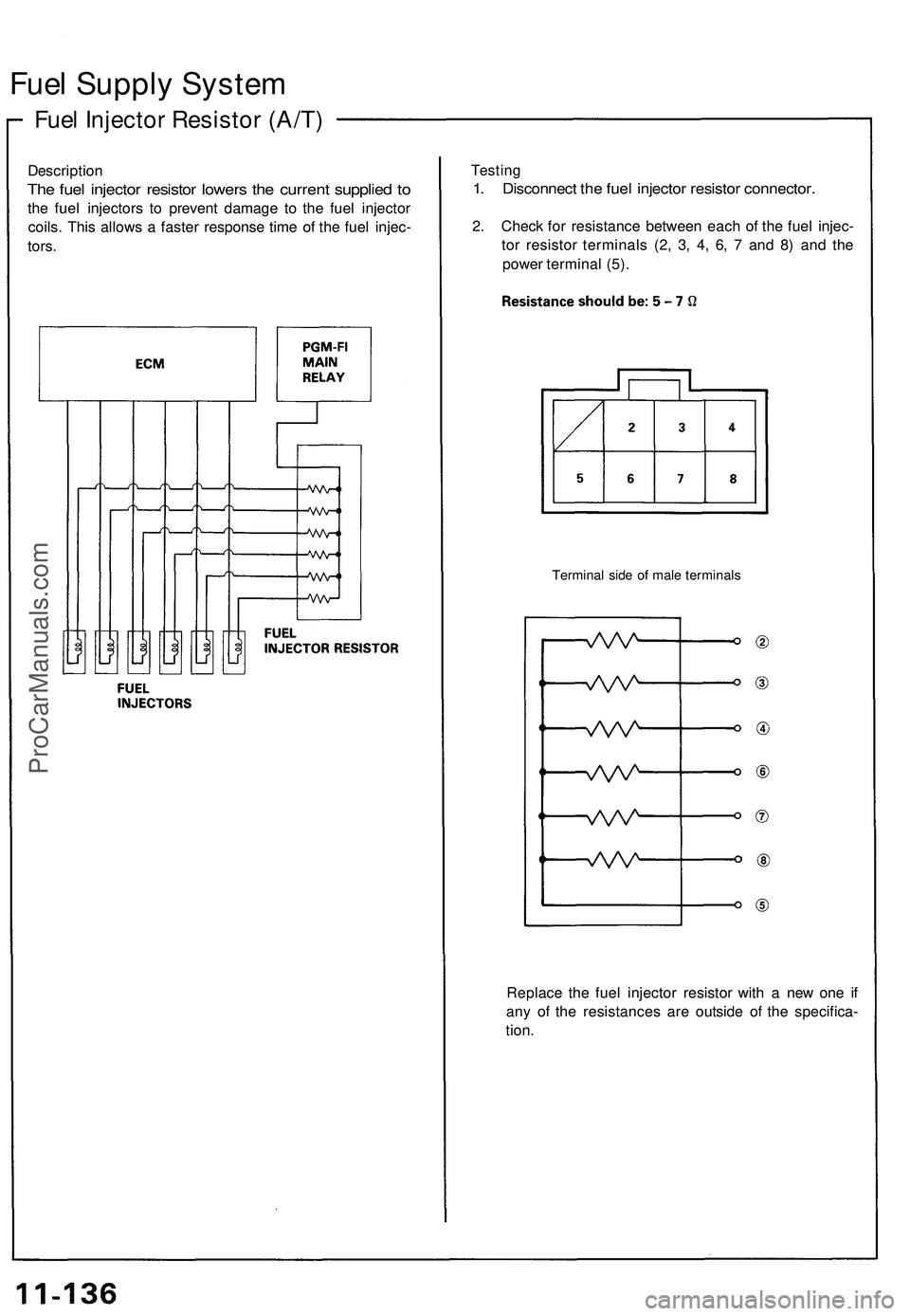 ACURA NSX 1997  Service Repair Manual 
Fuel Supply System

Fuel Injector Resistor (A/T)

Description

The fuel injector resistor lowers the current supplied to

the fuel injectors to prevent damage to the fuel injector

coils. This allows