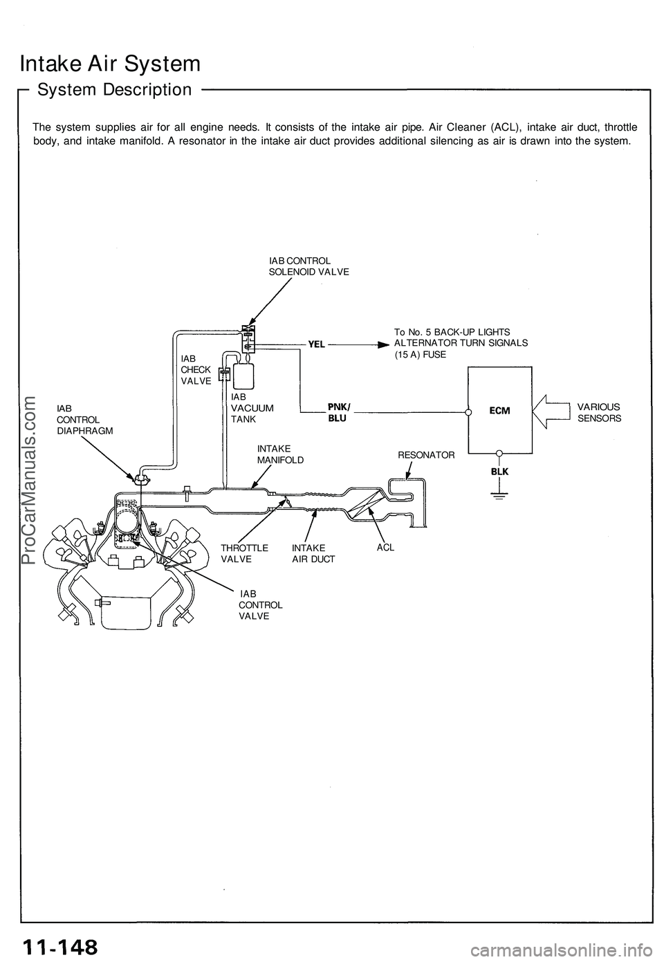 ACURA NSX 1997  Service Repair Manual Intake Ai r Syste m
System Descriptio n
The syste m supplie s ai r fo r al l engine  needs. I t consist s o f th e intak e ai r pipe . Ai r Cleane r (ACL) , intak e ai r duct , throttl e
body , an d i