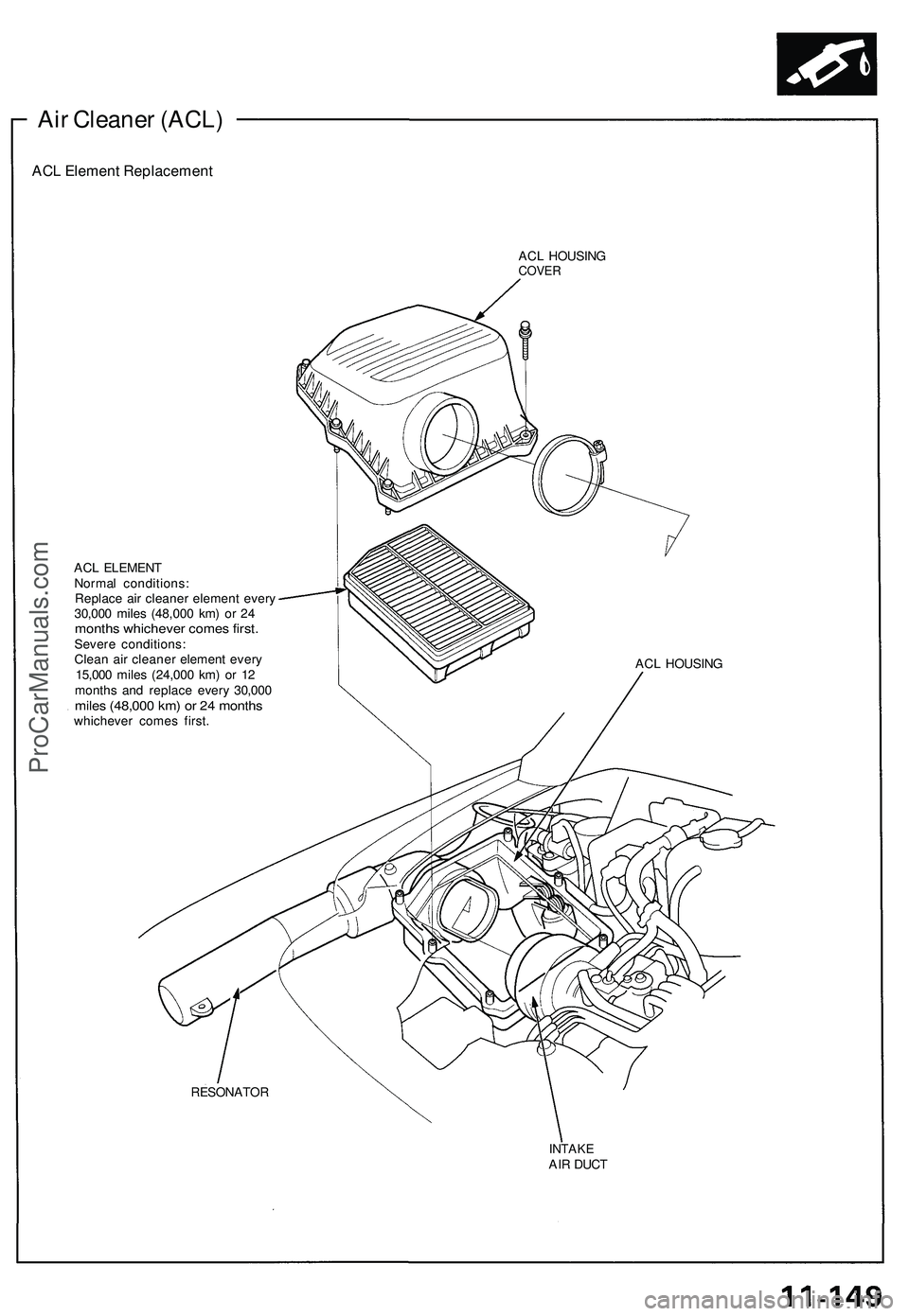 ACURA NSX 1997  Service Repair Manual 
Air Cleaner (ACL)

ACL Element Replacement

ACL HOUSING

COVER

ACL ELEMENT

Normal conditions:

Replace air cleaner element every

30,000 miles (48,000 km) or 24

months whichever comes first.

Seve