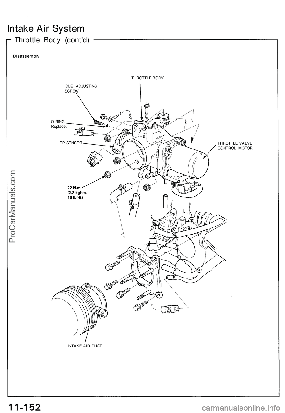 ACURA NSX 1997  Service Repair Manual 
Intake Air System

Throttle Body (cont'd)

Disassembly

THROTTLE BODY

IDLE ADJUSTING

SCREW

O-RING

Replace.

INTAKE AIR DUCT 
THROTTLE VALVE

CONTROL MOTOR
TP SENSORProCarManuals.com 