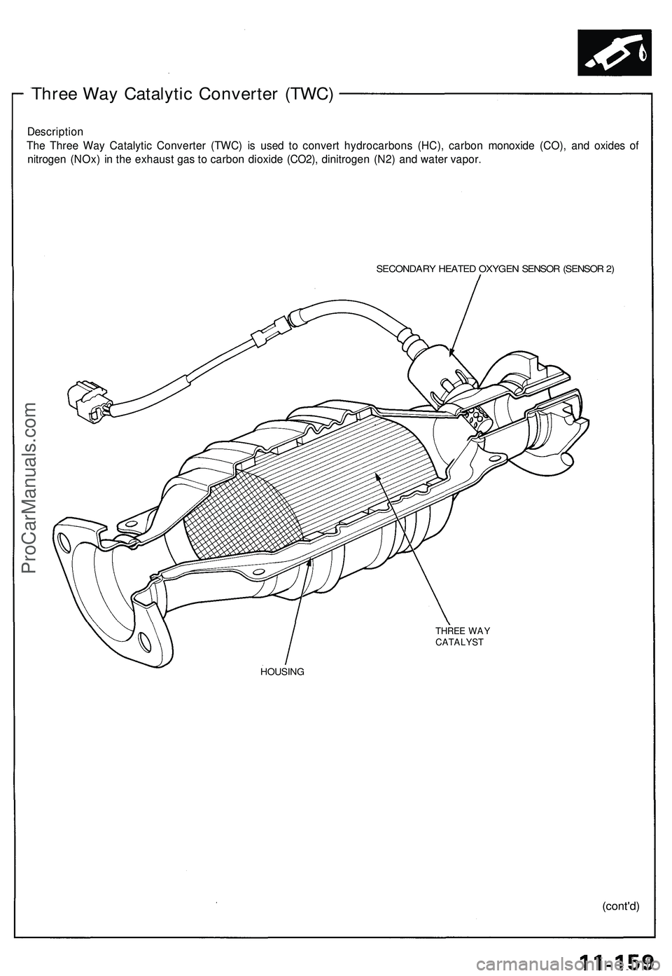 ACURA NSX 1997  Service Repair Manual Three Wa y Catalyti c Converte r (TWC)
Descriptio n
Th e Thre e Wa y Catalyti c Converte r (TWC ) i s use d t o conver t hydrocarbon s (HC) , carbo n monoxid e (CO) , an d oxide s o f
nitroge n (NOx )