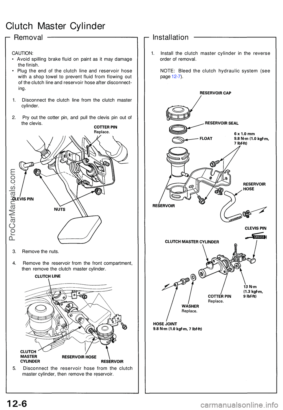 ACURA NSX 1997  Service Repair Manual Clutch Maste r Cylinde r
Remova lInstallatio n
CAUTION:
•  Avoi d spillin g brak e flui d o n pain t a s i t ma y damag e
th e finish .
•  Plu g th e en d o f th e clutc h lin e an d reservoi r ho