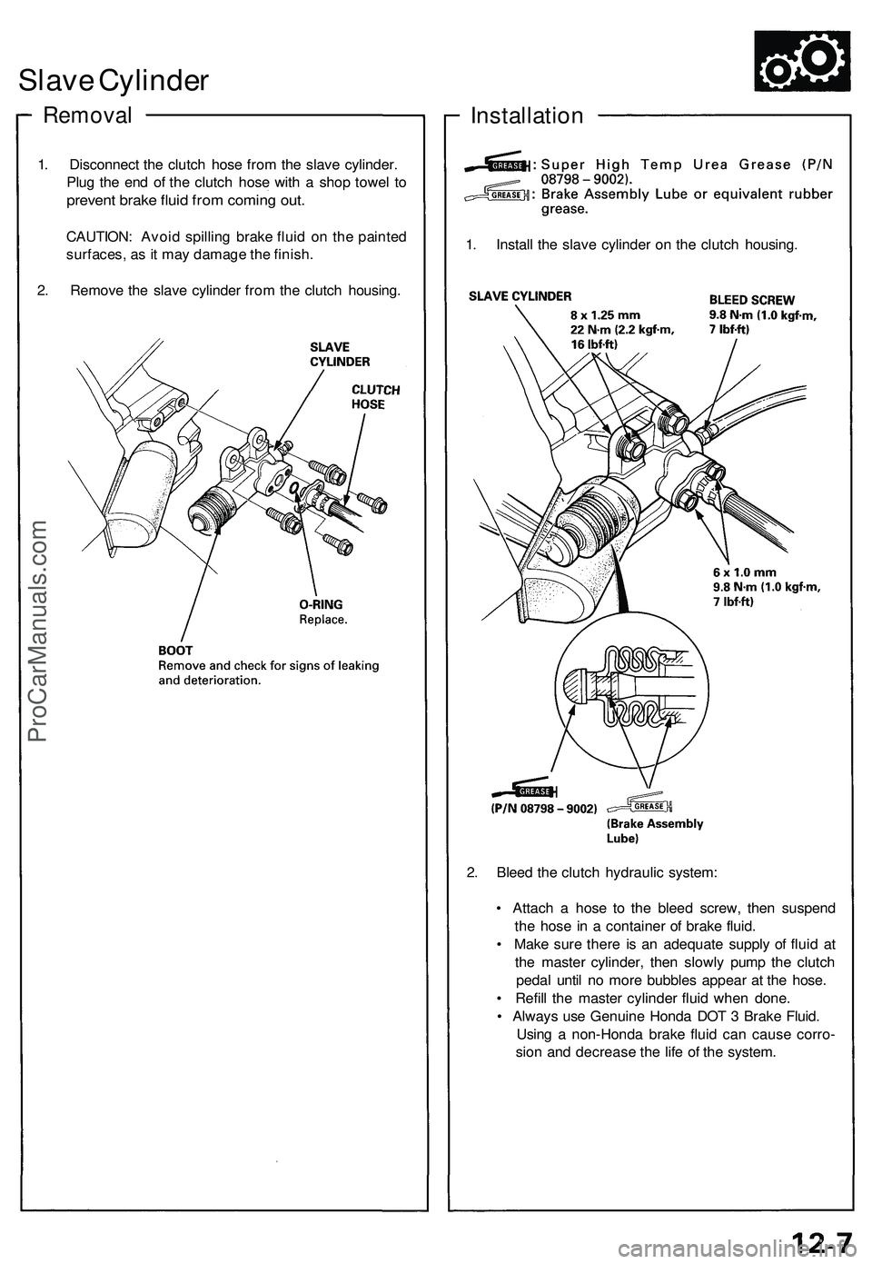 ACURA NSX 1997  Service Repair Manual Slave Cylinde r
Remova l
1. Disconnec t th e clutc h hos e fro m th e slav e cylinder .
Plu g th e en d o f th e clutc h hos e wit h a  sho p towe l t o
preven t brak e flui d fro m comin g out .
CAUT