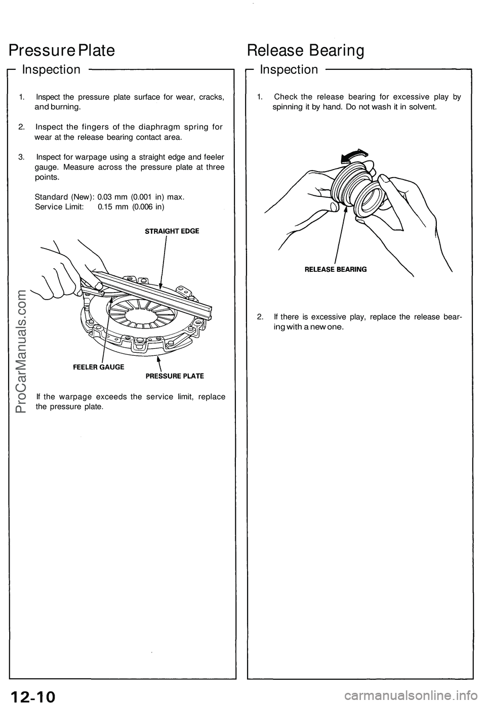 ACURA NSX 1997  Service Repair Manual Pressure Plat e
Inspectio n
1. Inspec t th e pressur e plat e surfac e fo r wear , cracks ,
and burning .
2. Inspec t th e finger s o f th e diaphrag m sprin g fo r
wea r a t th e releas e bearin g co