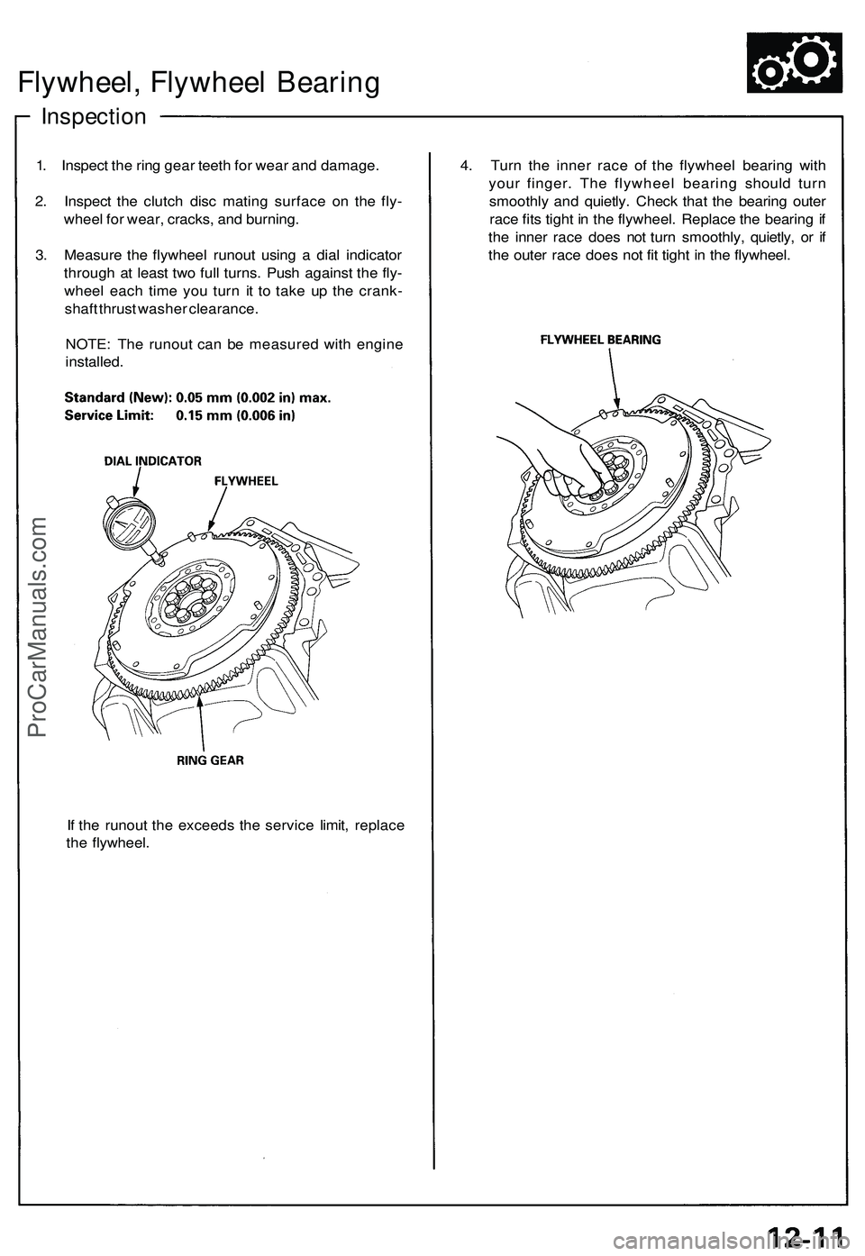ACURA NSX 1997  Service Repair Manual Flywheel, Flywhee l Bearin g
Inspectio n
1. Inspec t th e rin g gea r teet h fo r wea r an d damage .
2 . Inspec t th e clutc h dis c matin g surfac e o n th e fly -
whee l fo r wear , cracks , an d b