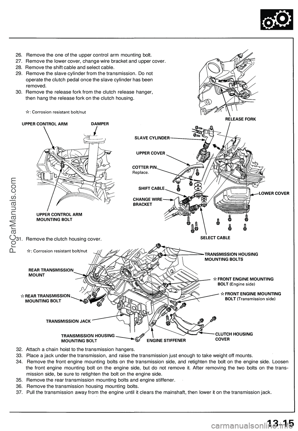 ACURA NSX 1997  Service Repair Manual 
32. Attach a chain hoist to the transmission hangers.

33. Place a jack under the transmission, and raise the transmission just enough to take weight off mounts.

34. Remove the front engine mounting