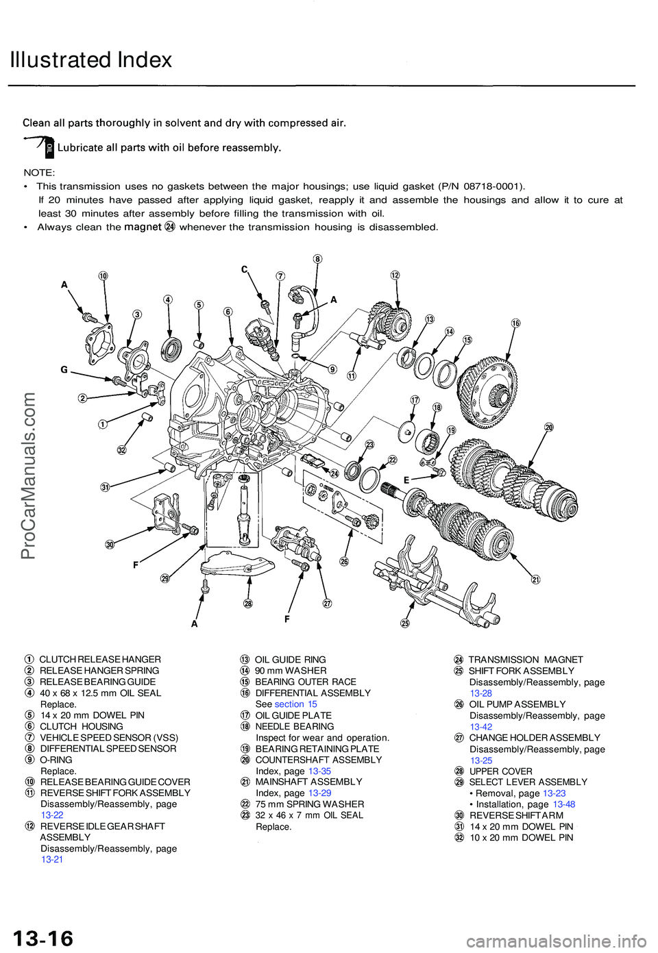 ACURA NSX 1997  Service Repair Manual Illustrated Inde x
NOTE :
• This  transmissio n use s n o gasket s betwee n th e majo r housings ; us e liqui d gaske t (P/ N 0871 8-0001) .
I f  2 0 minute s hav e passe d afte r applyin g liqui d 