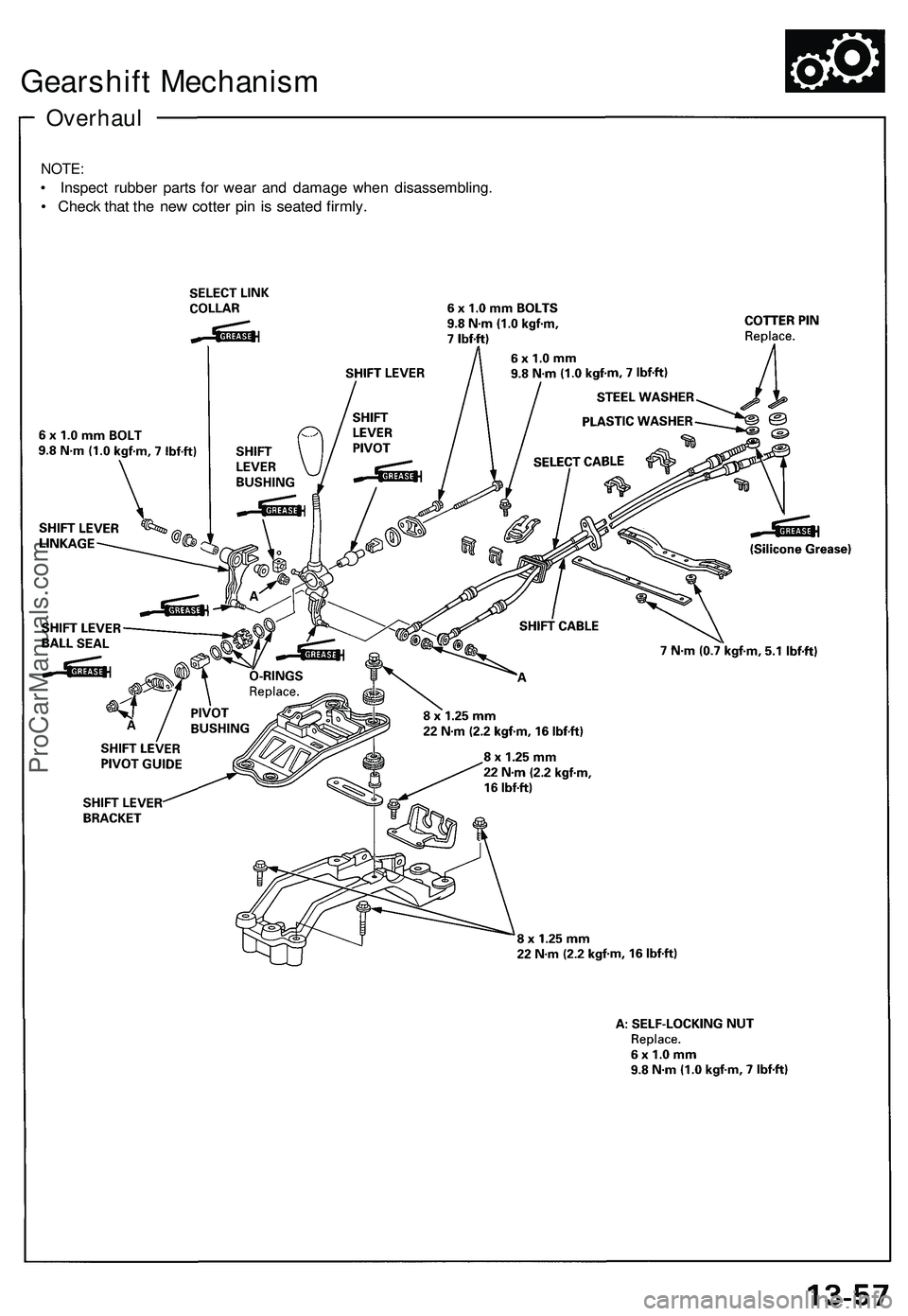 ACURA NSX 1997  Service Repair Manual Gearshift Mechanis m
Overhaul
NOTE:
• Inspec t rubbe r part s fo r wea r an d damag e whe n disassembling .
• Chec k tha t th e ne w cotte r pi n i s seate d firmly .
ProCarManuals.com 