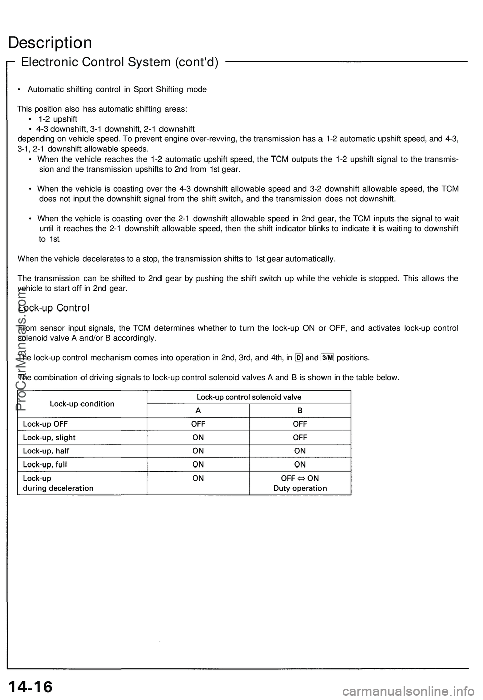 ACURA NSX 1997 Service Repair Manual
Electronic Control System (cont'd)
Description
• Automatic shifting control in Sport Shifting mode
This position also has automatic shifting areas:
• 1-2 upshift
• 4-3 downshift, 3-1 do ACURA NSX 1997 Service Repair Manual
Electronic Control System (cont'd)
Description
• Automatic shifting control in Sport Shifting mode
This position also has automatic shifting areas:
• 1-2 upshift
• 4-3 downshift, 3-1 do