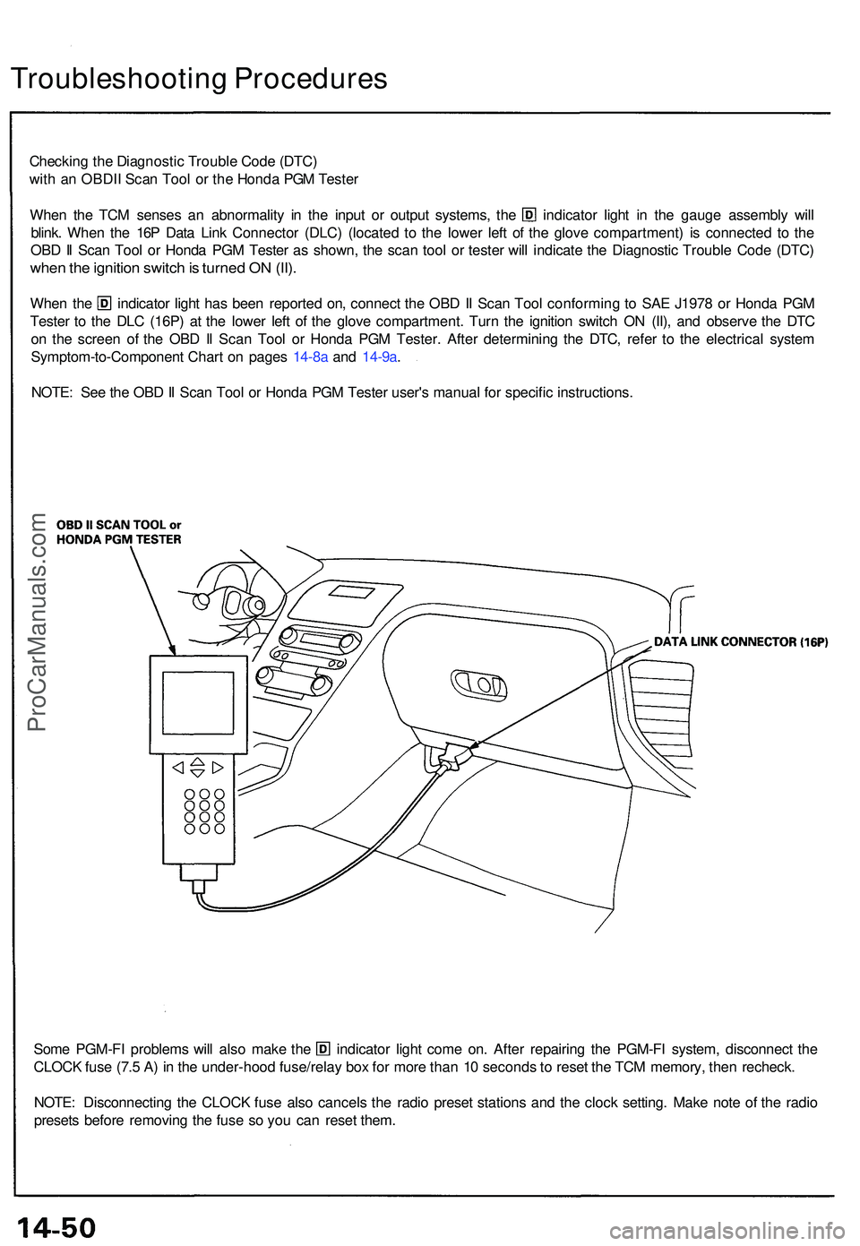 ACURA NSX 1997  Service Repair Manual Checking th e Diagnosti c Troubl e Cod e (DTC )
wit h a n OBDI I Sca n Too l o r th e Hond a PG M Teste r
When th e TC M sense s a n abnormalit y i n th e inpu t o r outpu t systems , th e indicato r 