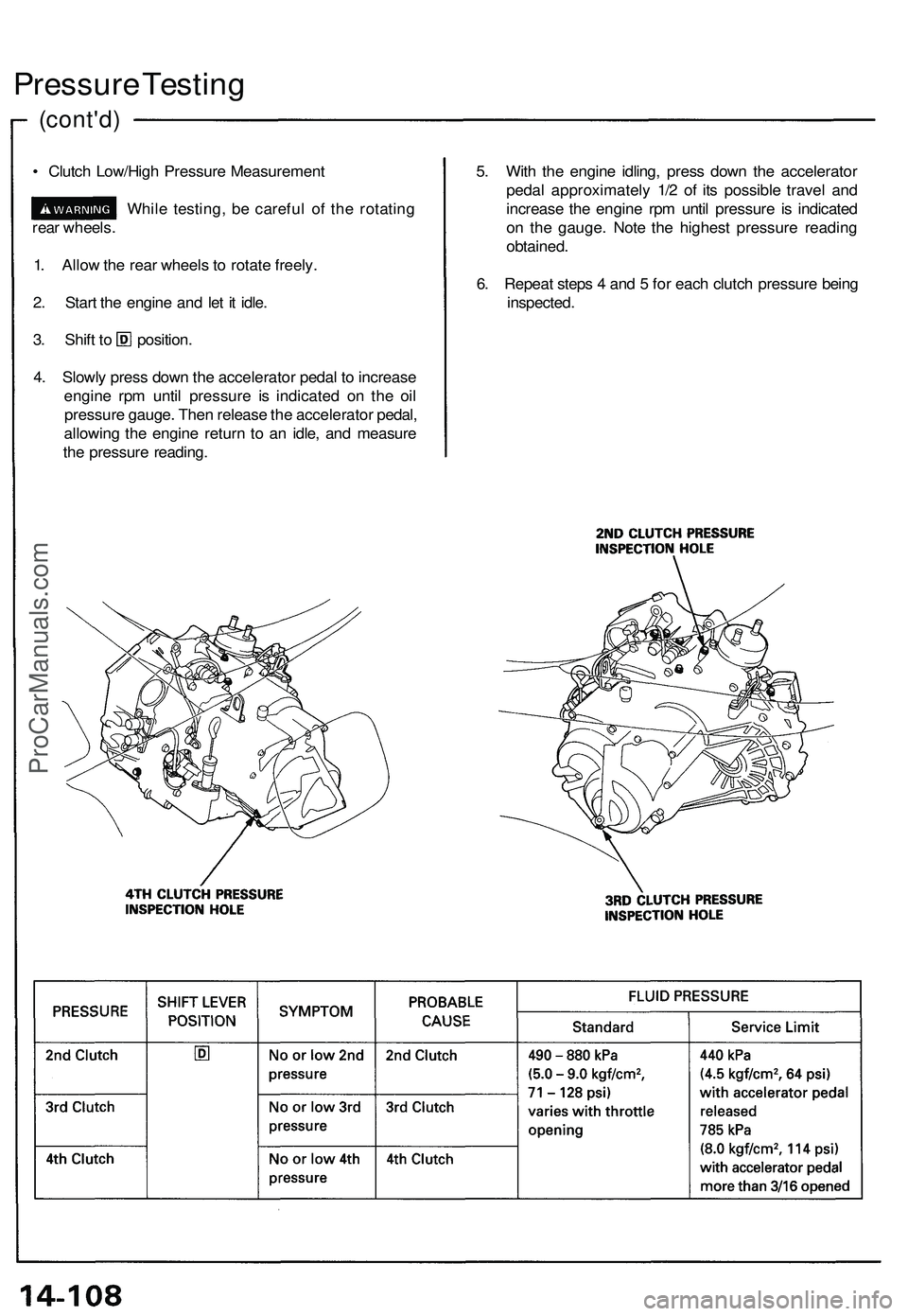 ACURA NSX 1997  Service Repair Manual 
(cont'd)
Pressure Testing

• Clutch Low/High Pressure Measurement

While testing, be careful of the rotating

rear wheels.

1. Allow the rear wheels to rotate freely.

2. Start the engine and l