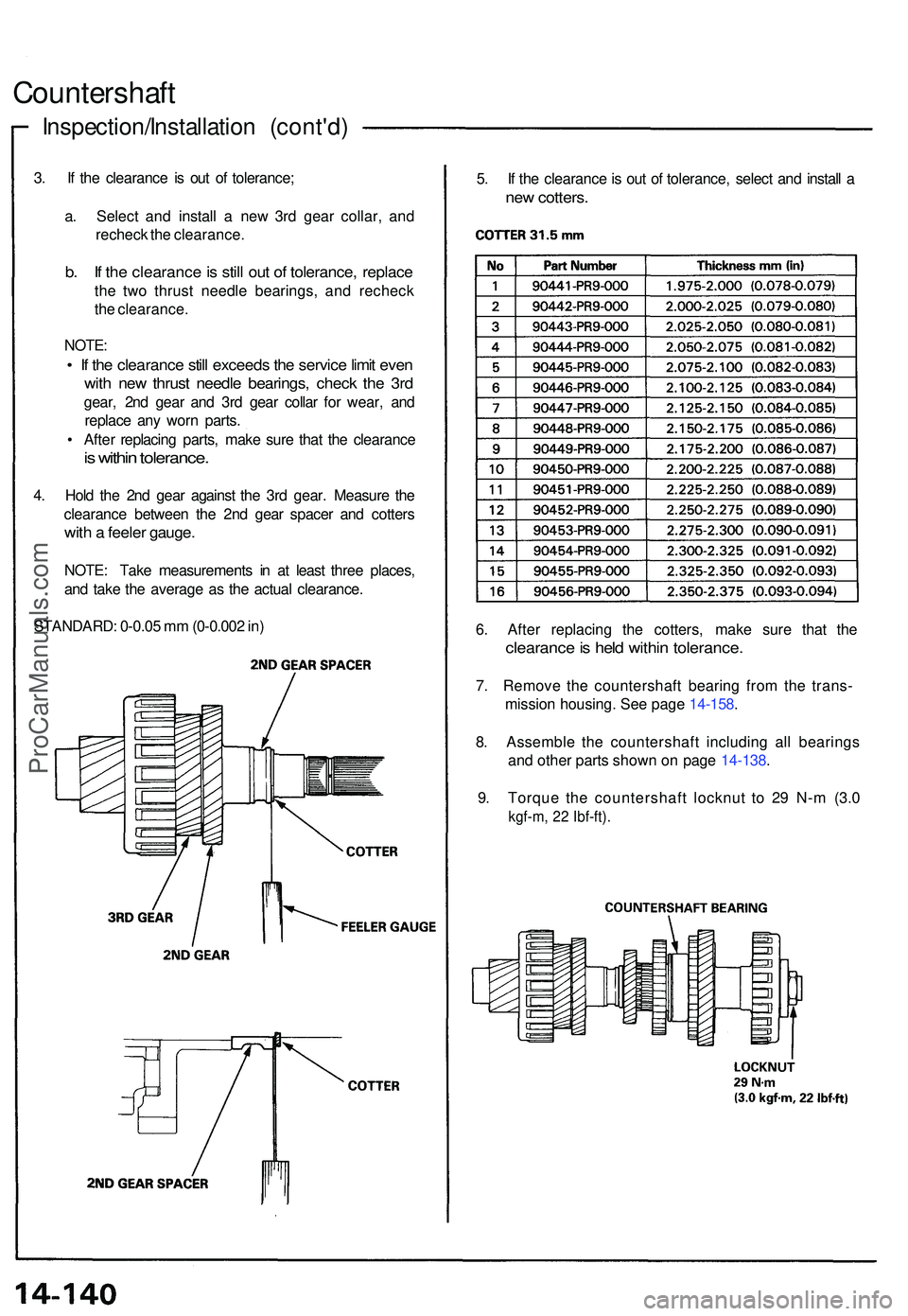 ACURA NSX 1997  Service Repair Manual Inspection/Installation (cont'd )
Countershaf t
3. I f th e clearanc e i s ou t o f tolerance ;
a . Selec t an d instal l a  ne w 3r d gea r collar , an d
rechec k th e clearance .
b. I f th e cle