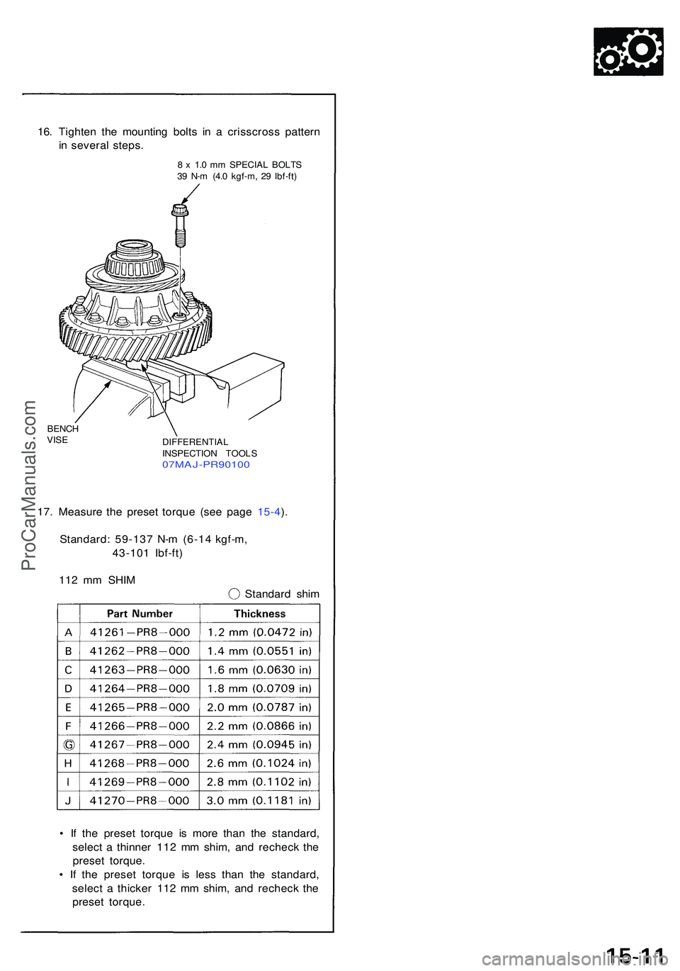 ACURA NSX 1997  Service Repair Manual 16. Tighte n th e mountin g bolt s i n a  crisscros s patter n
i n  severa l steps .
8 x  1. 0 m m SPECIA L BOLT S
3 9  N- m (4. 0 kgf-m , 2 9 Ibf-ft )
BENC H
VIS E
DIFFERENTIAL
INSPECTIO N TOOL S
07M