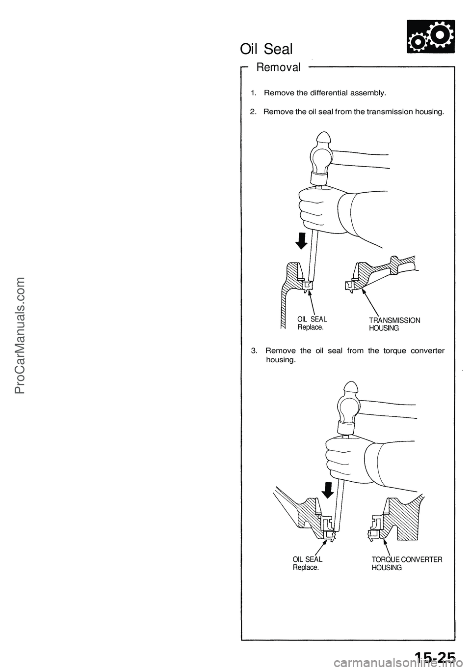 ACURA NSX 1997  Service Repair Manual 
Oil Seal

Removal

1. Remove the differential assembly.

2. Remove the oil seal from the transmission housing.

OIL SEAL

Replace. 
TRANSMISSION

HOUSING

3. Remove the oil seal from the torque conve