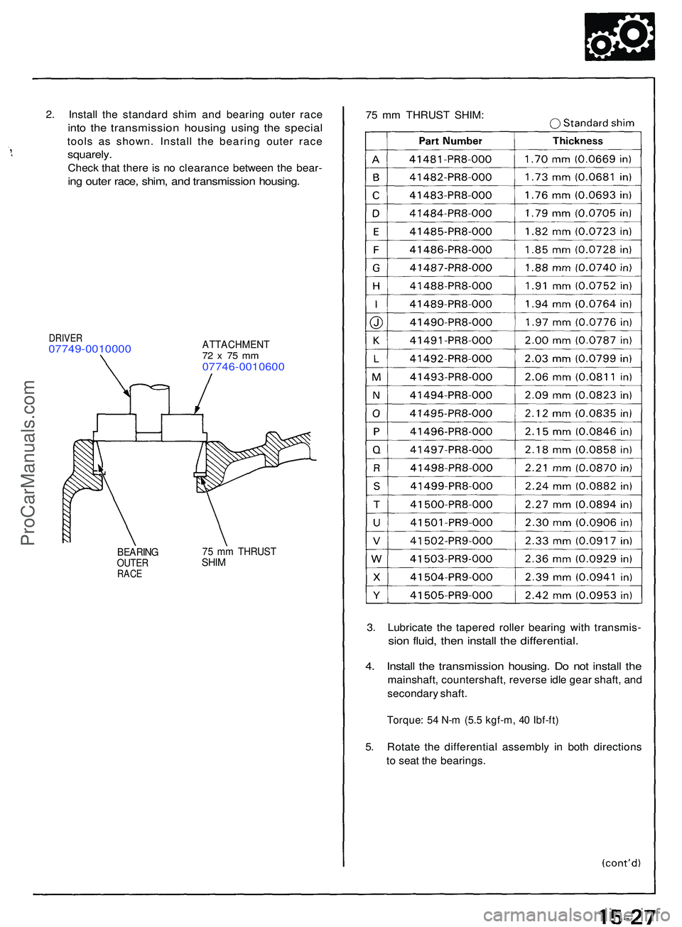 ACURA NSX 1997  Service Repair Manual 2. Instal l th e standar d shi m an d bearin g oute r rac e
into th e transmissio n housin g usin g th e specia l
tools a s shown . Instal l th e bearin g oute r rac e
squarely .
Check tha t ther e is
