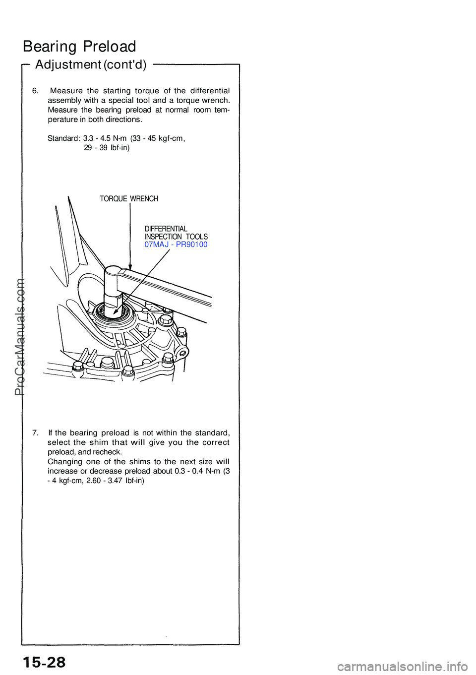 ACURA NSX 1997  Service Repair Manual Bearing Preloa d
Adjustmen t (cont'd )
6. Measur e th e startin g torqu e o f th e differentia l
assembl y wit h a  specia l too l an d a  torqu e wrench .
Measur e th e bearin g preloa d a t norm