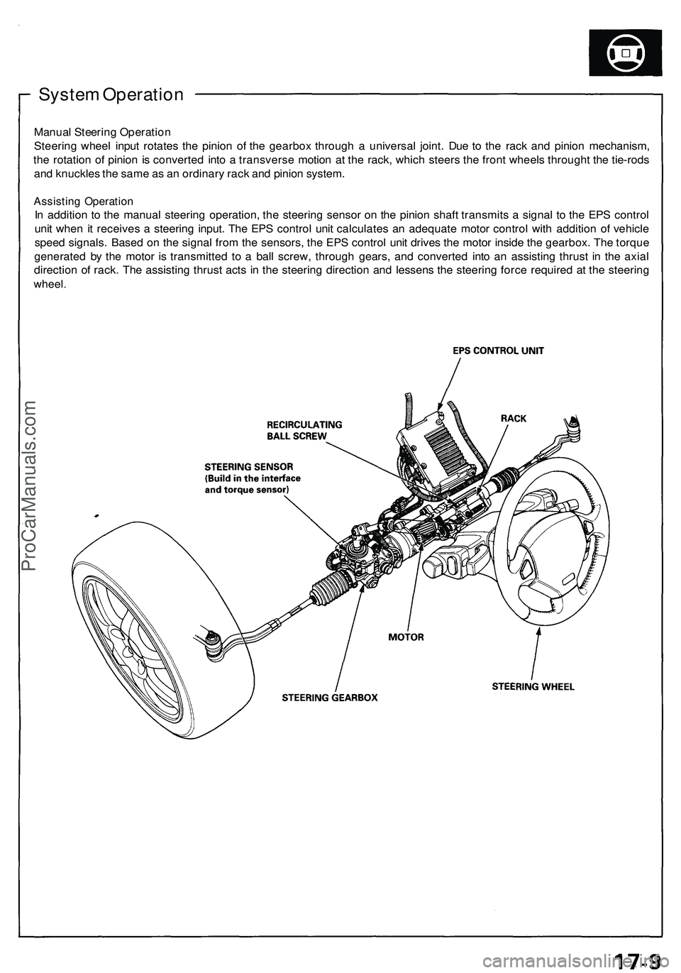 ACURA NSX 1997 Service Repair Manual System Operatio n
Manual Steerin g Operatio n
Steerin g whee l inpu t rotate s th e pinio n o f th e gearbo x throug h a universa l joint . Du e t o th e rac k an d pinio n mechanism ,
th e rotatio n ACURA NSX 1997 Service Repair Manual System Operatio n
Manual Steerin g Operatio n
Steerin g whee l inpu t rotate s th e pinio n o f th e gearbo x throug h a universa l joint . Du e t o th e rac k an d pinio n mechanism ,
th e rotatio n