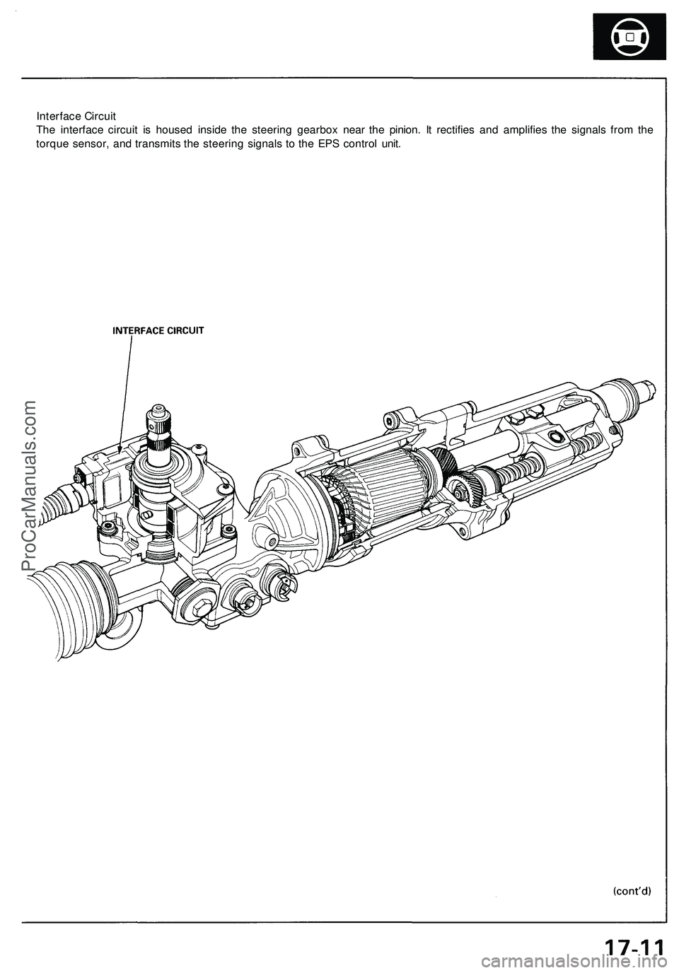 ACURA NSX 1997  Service Repair Manual 
Interface Circuit

The interface circuit is housed inside the steering gearbox near the pinion. It rectifies and amplifies the signals from the

torque sensor, and transmits the steering signals to t