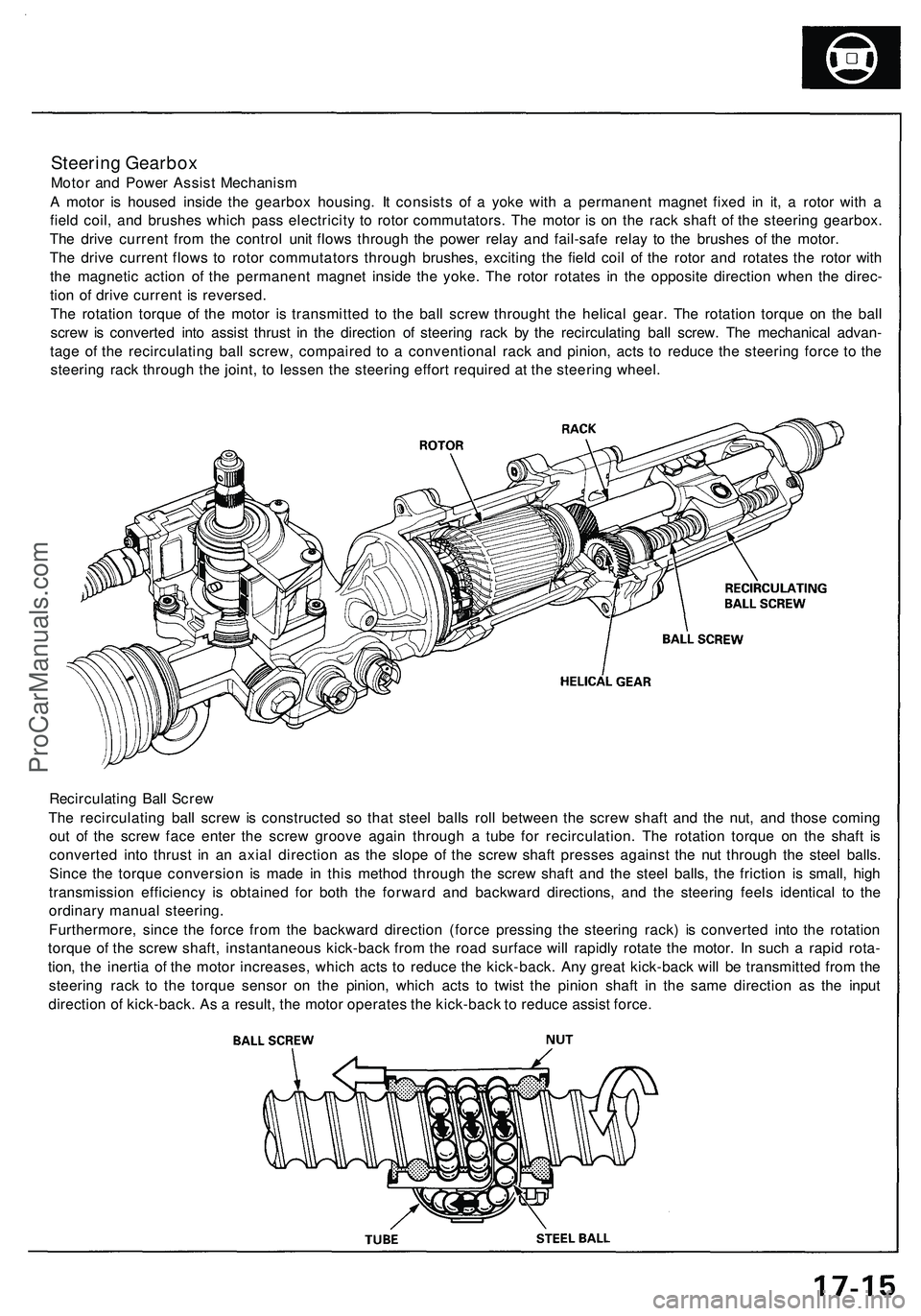 ACURA NSX 1997 Service Repair Manual
Steering Gearbox
Motor and Power Assist Mechanism
A motor is housed inside the gearbox housing. It consists of a yoke with a permanent magnet fixed in it, a rotor with a
field coil, and brushes wh ACURA NSX 1997 Service Repair Manual
Steering Gearbox
Motor and Power Assist Mechanism
A motor is housed inside the gearbox housing. It consists of a yoke with a permanent magnet fixed in it, a rotor with a
field coil, and brushes wh