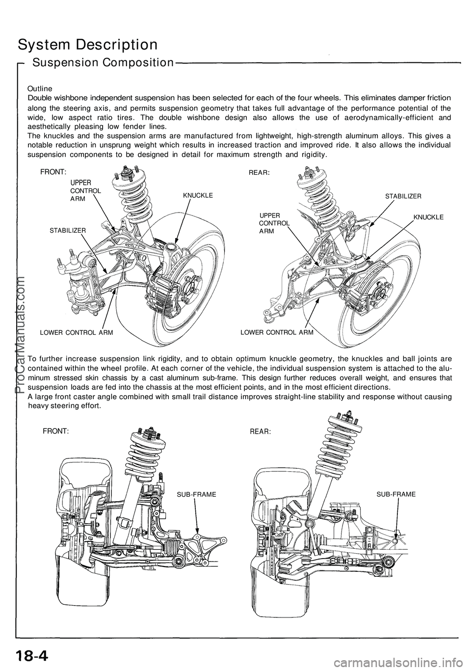 ACURA NSX 1997 Service Repair Manual System Description
Suspension Composition
Outline
Double wishbon e independen t suspensio n ha s bee n selecte d fo r eac h o f th e fou r wheels . Thi s eliminate s dampe r frictio n
along th e steer ACURA NSX 1997 Service Repair Manual System Description
Suspension Composition
Outline
Double wishbon e independen t suspensio n ha s bee n selecte d fo r eac h o f th e fou r wheels . Thi s eliminate s dampe r frictio n
along th e steer