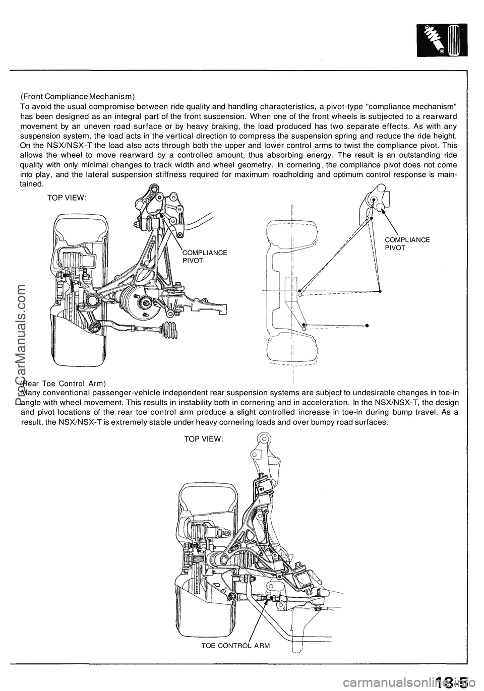 ACURA NSX 1997 Service Repair Manual
(Front Compliance Mechanism)
To avoid the usual compromise between ride quality and handling characteristics, a pivot-type "compliance mechanism"
has been designed as an integral part of th ACURA NSX 1997 Service Repair Manual
(Front Compliance Mechanism)
To avoid the usual compromise between ride quality and handling characteristics, a pivot-type "compliance mechanism"
has been designed as an integral part of th