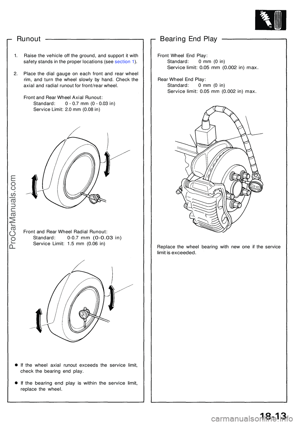 ACURA NSX 1997 Service Repair Manual Runout
1. Rais e th e vehicl e of f th e ground , an d suppor t i t wit h
safet y stand s i n th e prope r location s (se e sectio n 1 ).
2 . Plac e th e dia l gaug e o n eac h fron t an d rea r whee ACURA NSX 1997 Service Repair Manual Runout
1. Rais e th e vehicl e of f th e ground , an d suppor t i t wit h
safet y stand s i n th e prope r location s (se e sectio n 1 ).
2 . Plac e th e dia l gaug e o n eac h fron t an d rea r whee