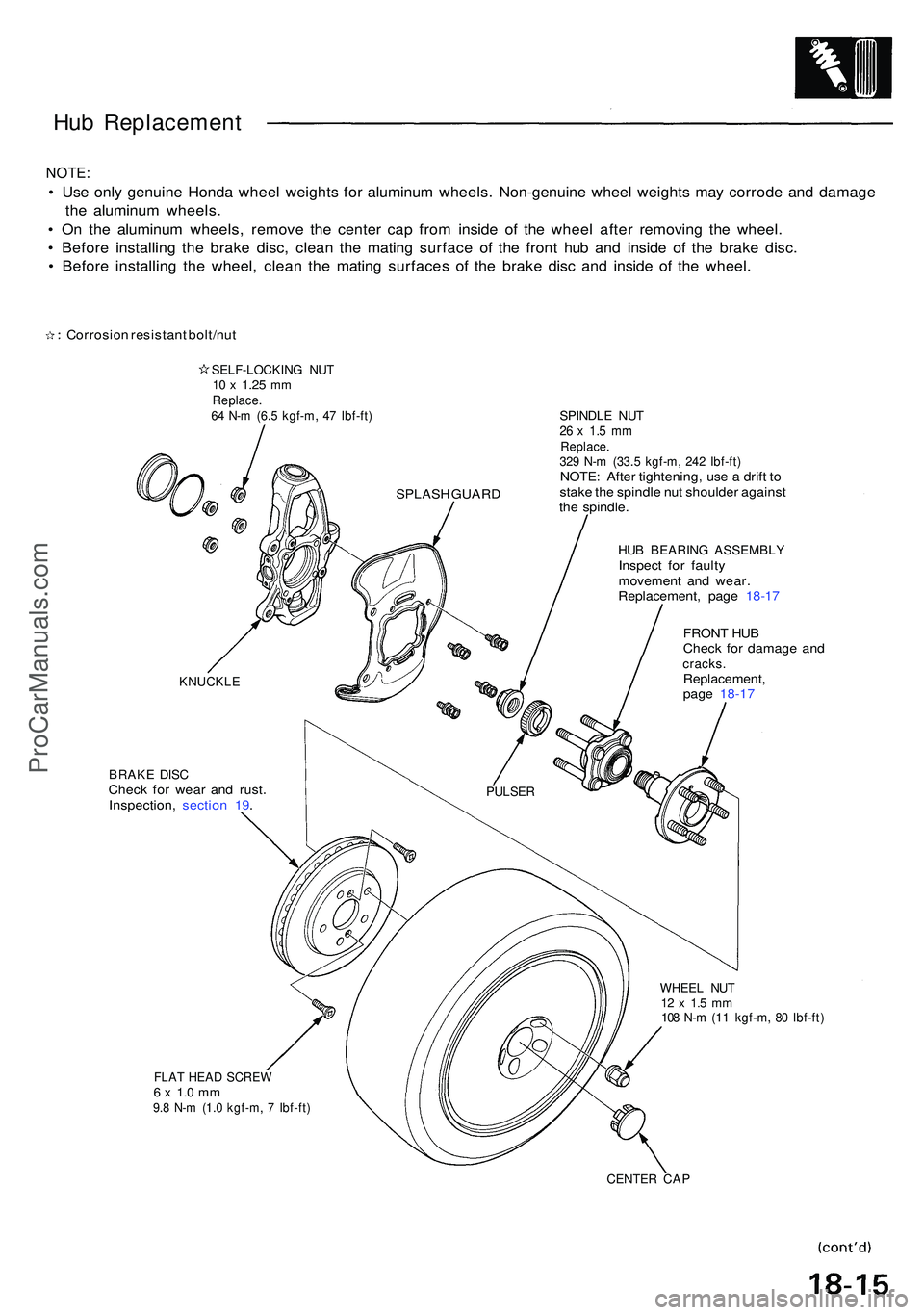 ACURA NSX 1997 Service Repair Manual Hub Replacemen t
NOTE:
• Us e onl y genuin e Hond a whee l weight s fo r aluminu m wheels . Non-genuin e whee l weight s ma y corrod e an d damag e
th e aluminu m wheels .
• O n th e aluminu m wh ACURA NSX 1997 Service Repair Manual Hub Replacemen t
NOTE:
• Us e onl y genuin e Hond a whee l weight s fo r aluminu m wheels . Non-genuin e whee l weight s ma y corrod e an d damag e
th e aluminu m wheels .
• O n th e aluminu m wh