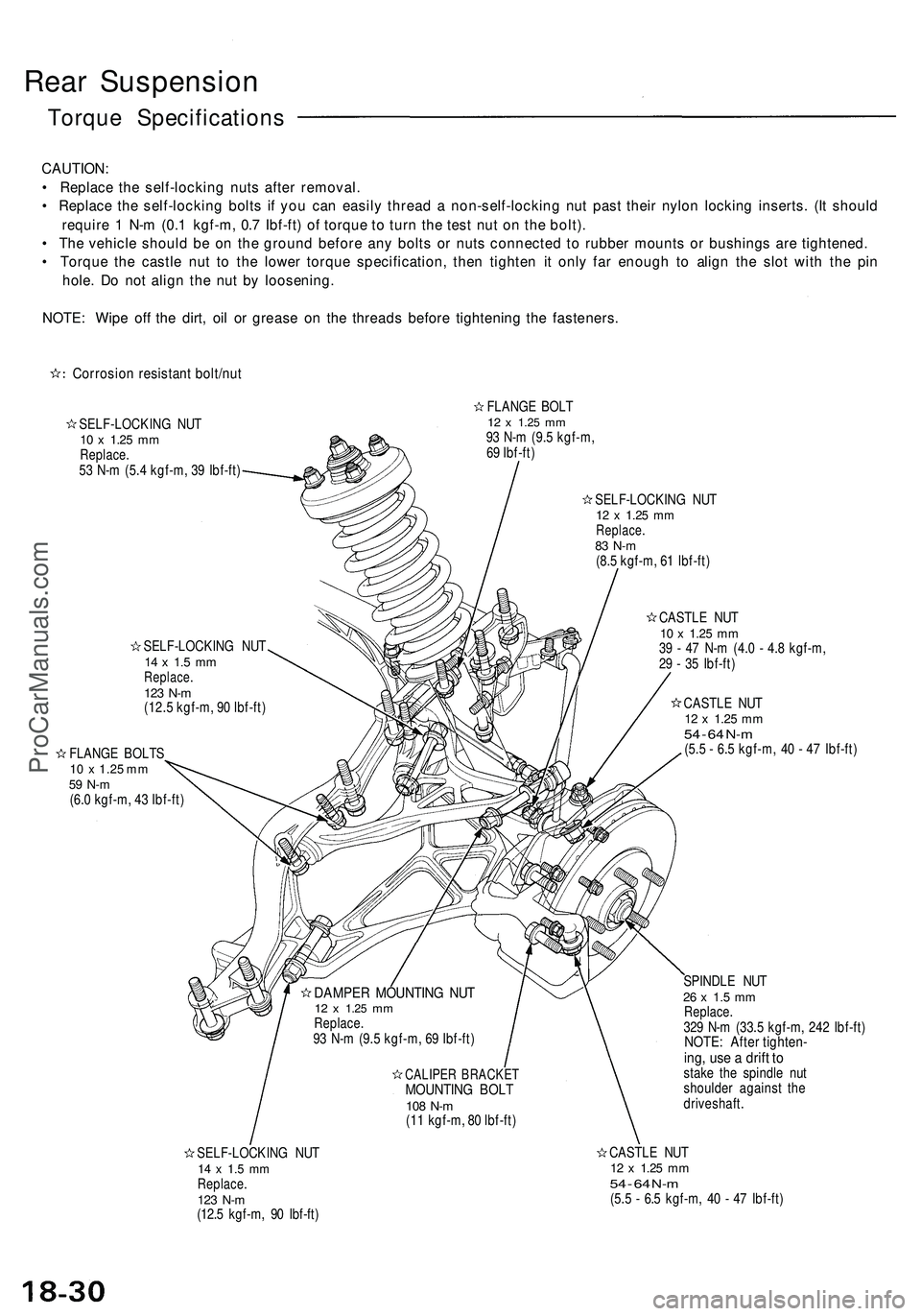 ACURA NSX 1997 Service Repair Manual Rear Suspensio n
Torque Specification s
CAUTION:
• Replac e th e self-lockin g nut s afte r removal .
• Replac e th e self-lockin g bolt s i f yo u can easil y threa d a non-self-lockin g nu t ACURA NSX 1997 Service Repair Manual Rear Suspensio n
Torque Specification s
CAUTION:
• Replac e th e self-lockin g nut s afte r removal .
• Replac e th e self-lockin g bolt s i f yo u can easil y threa d a non-self-lockin g nu t