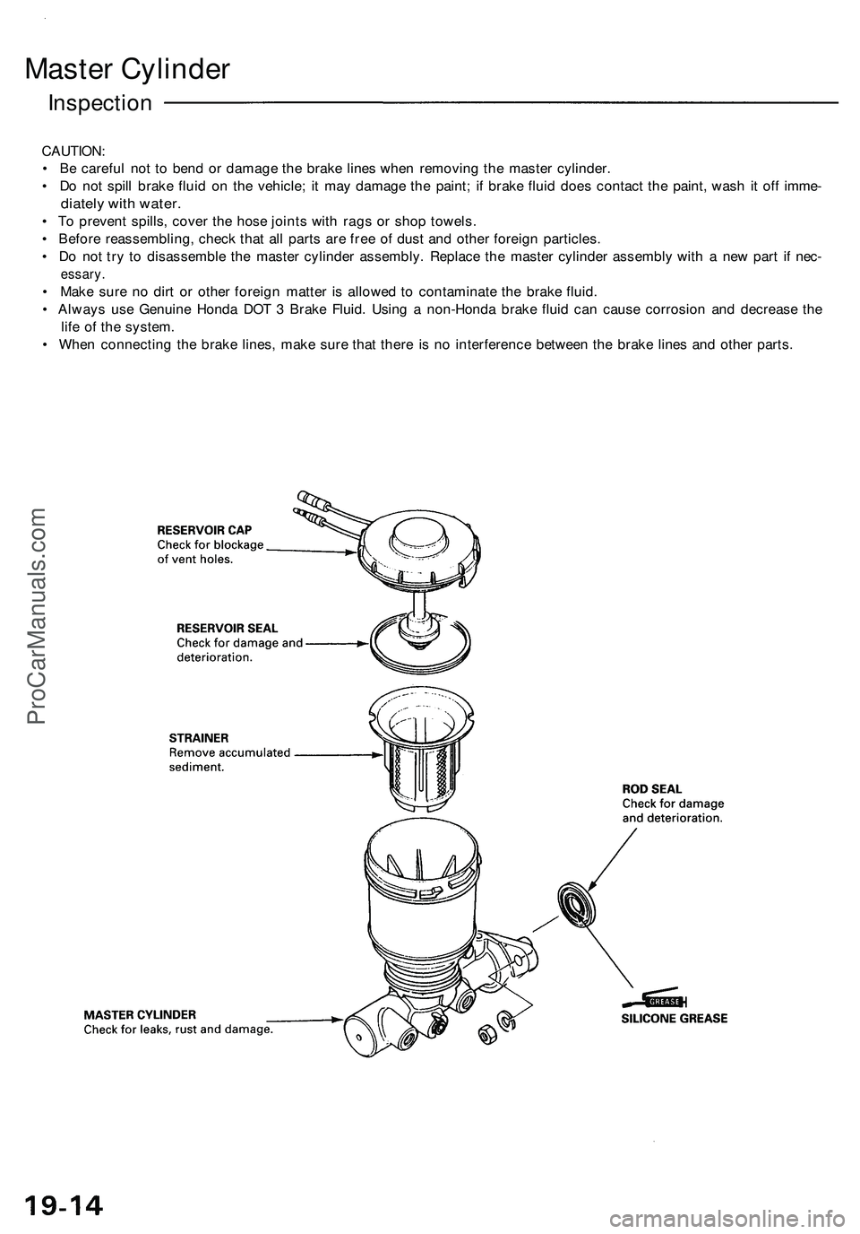 ACURA NSX 1997  Service Repair Manual 
Master Cylinder

Inspection

CAUTION:

• Be careful not to bend or damage the brake lines when removing the master cylinder.

• Do not spill brake fluid on the vehicle; it may damage the paint; i