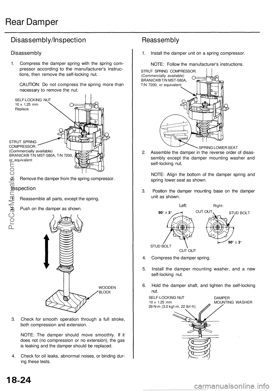ACURA RL KA9 1996  Service Repair Manual 
Rear Damper

Disassembly/Inspection

Disassembly

1. Compress the damper spring with the spring com-

pressor according to the manufacturer's instruc-

tions, then remove the self-locking nut.

C