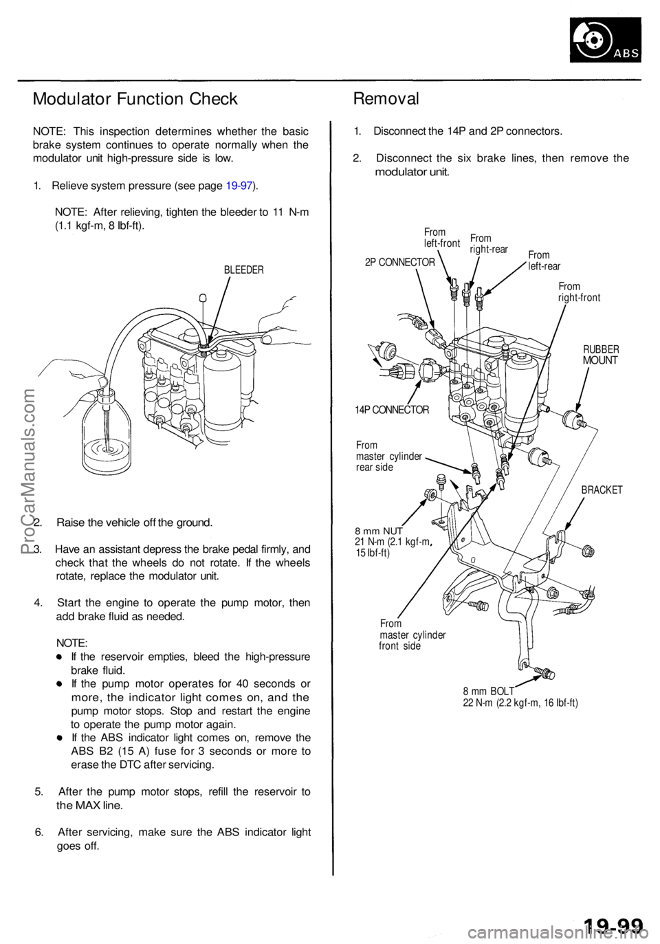 ACURA RL KA9 1996  Service Repair Manual Modulator Functio n Chec kRemova l
NOTE: Thi s inspectio n determine s whethe r th e basi c
brak e syste m continue s t o operat e normall y whe n th e
modulato r uni t high-pressur e sid e i s low .
