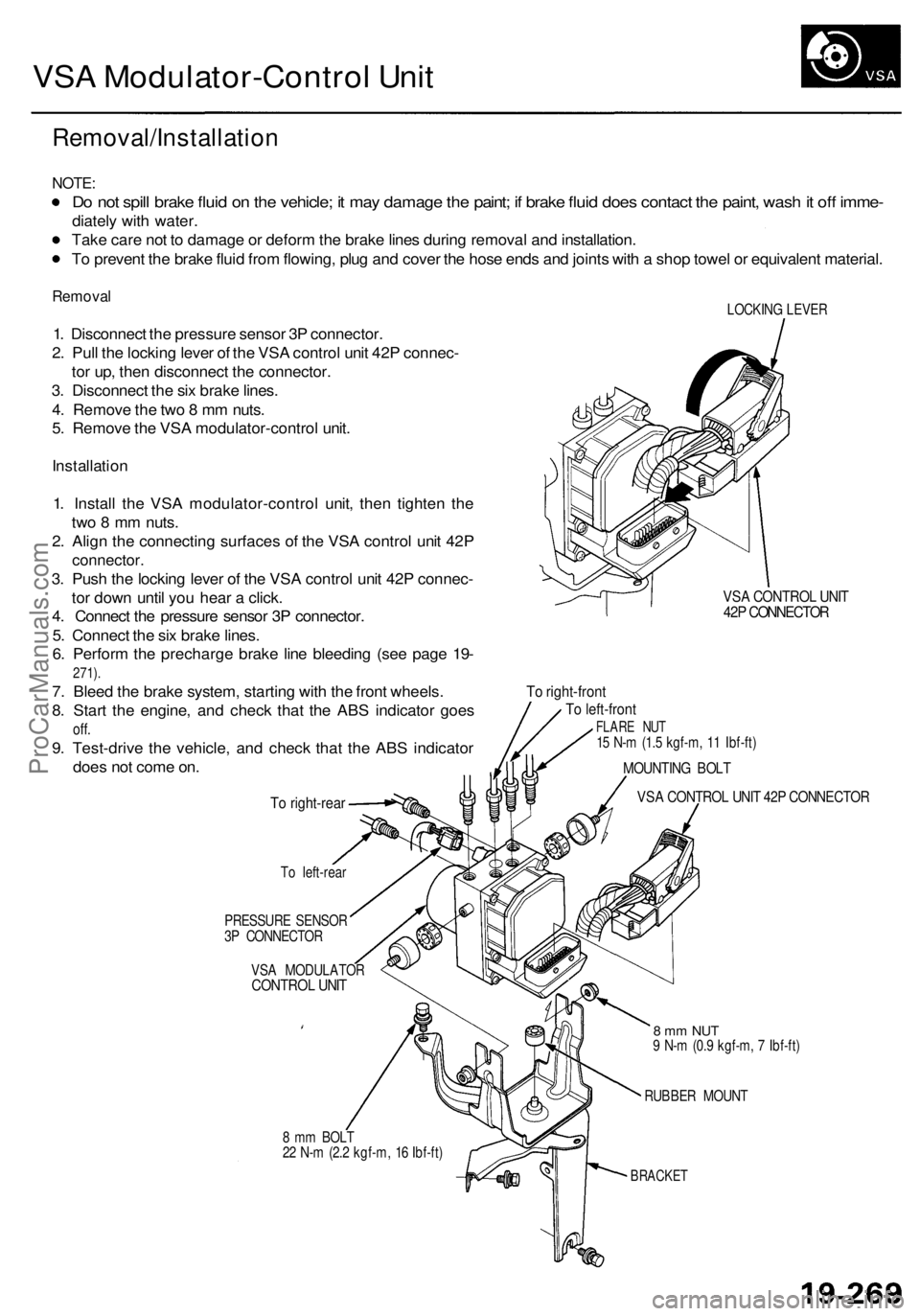 ACURA RL KA9 1996  Service Repair Manual 
VSA Modulator-Control Unit

Removal/Installation

NOTE:

Do not spill brake fluid on the vehicle; it may damage the paint; if brake fluid does contact the paint, wash it off imme-

diately with water