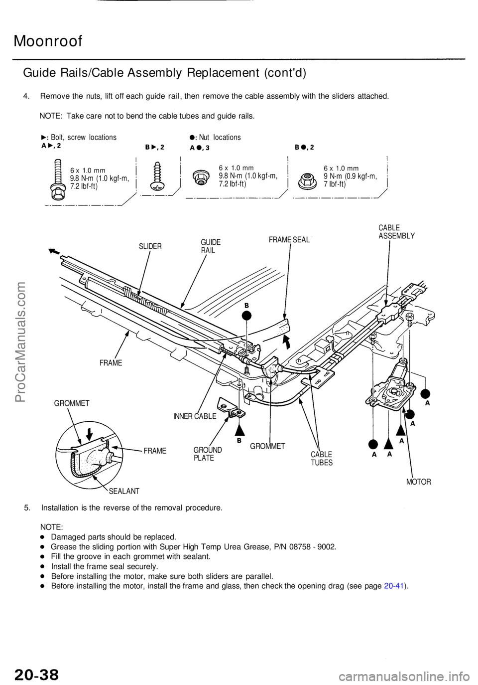 ACURA RL KA9 1996  Service Repair Manual Moonroof
Guide Rails/Cabl e Assembl y Replacemen t (cont'd )
4. Remov e th e nuts , lif t of f eac h guid e rail , the n remov e th e cabl e assembly  with th e slider s attached .
NOTE : Tak e ca