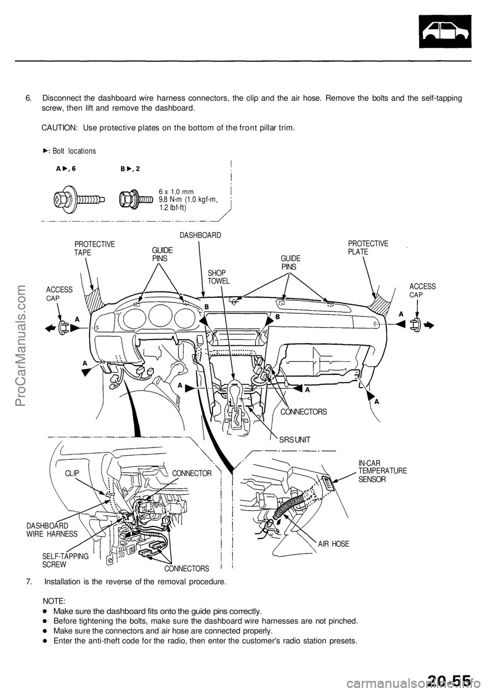 ACURA RL KA9 1996 Service Repair Manual 6. Disconnec t th e dashboar d wir e harnes s connectors , th e cli p an d th e ai r hose . Remov e th e bolt s an d th e self-tappin g
screw , the n lif t an d remov e th e dashboard .
CAUTION : Us e ACURA RL KA9 1996 Service Repair Manual 6. Disconnec t th e dashboar d wir e harnes s connectors , th e cli p an d th e ai r hose . Remov e th e bolt s an d th e self-tappin g
screw , the n lif t an d remov e th e dashboard .
CAUTION : Us e