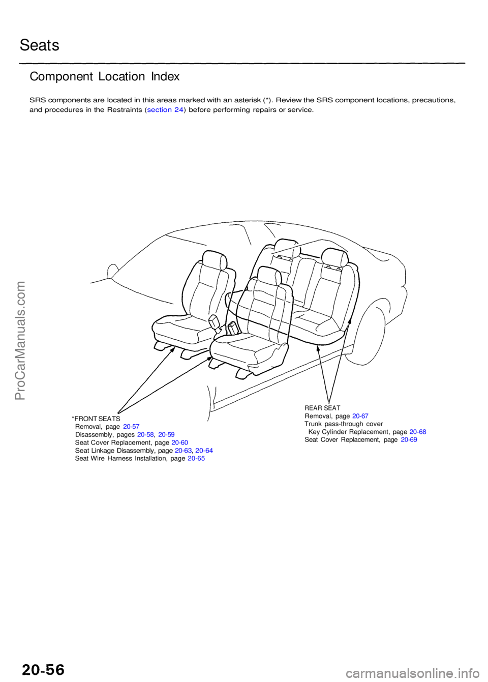 ACURA RL KA9 1996  Service Repair Manual Seats
Componen t Locatio n Inde x
SRS component s ar e locate d in  thi s area s marke d wit h a n asteris k (*) . Revie w th e SR S componen t locations , precautions ,
and procedure s i n  th e Rest