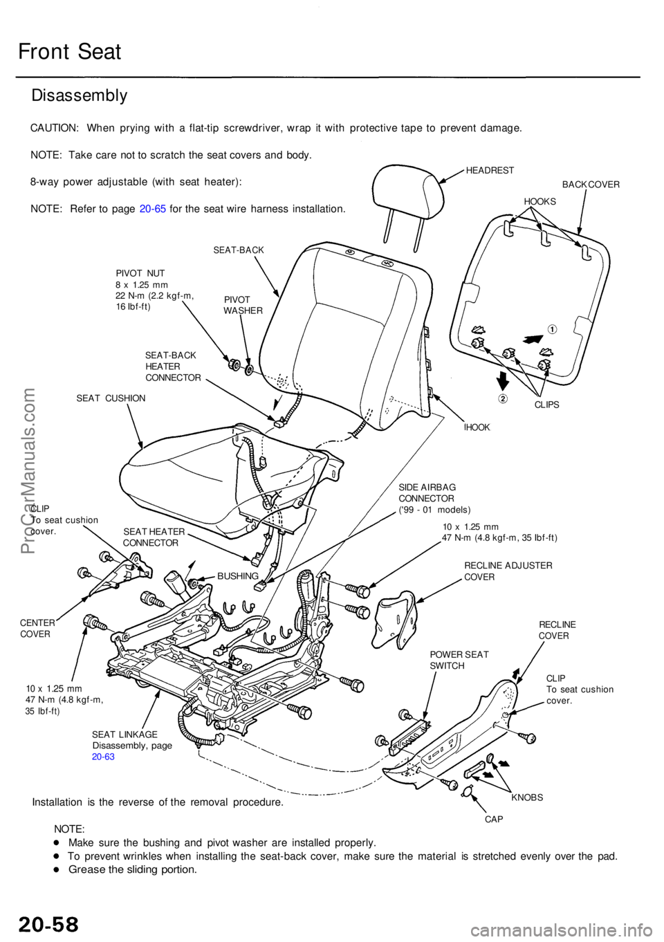 ACURA RL KA9 1996  Service Repair Manual Front Sea t
Disassembl y
CAUTION: Whe n pryin g wit h a  flat-ti p screwdriver , wra p i t wit h protectiv e tap e t o preven t damage .
NOTE : Tak e car e no t t o scratc h th e sea t cover s an d bo